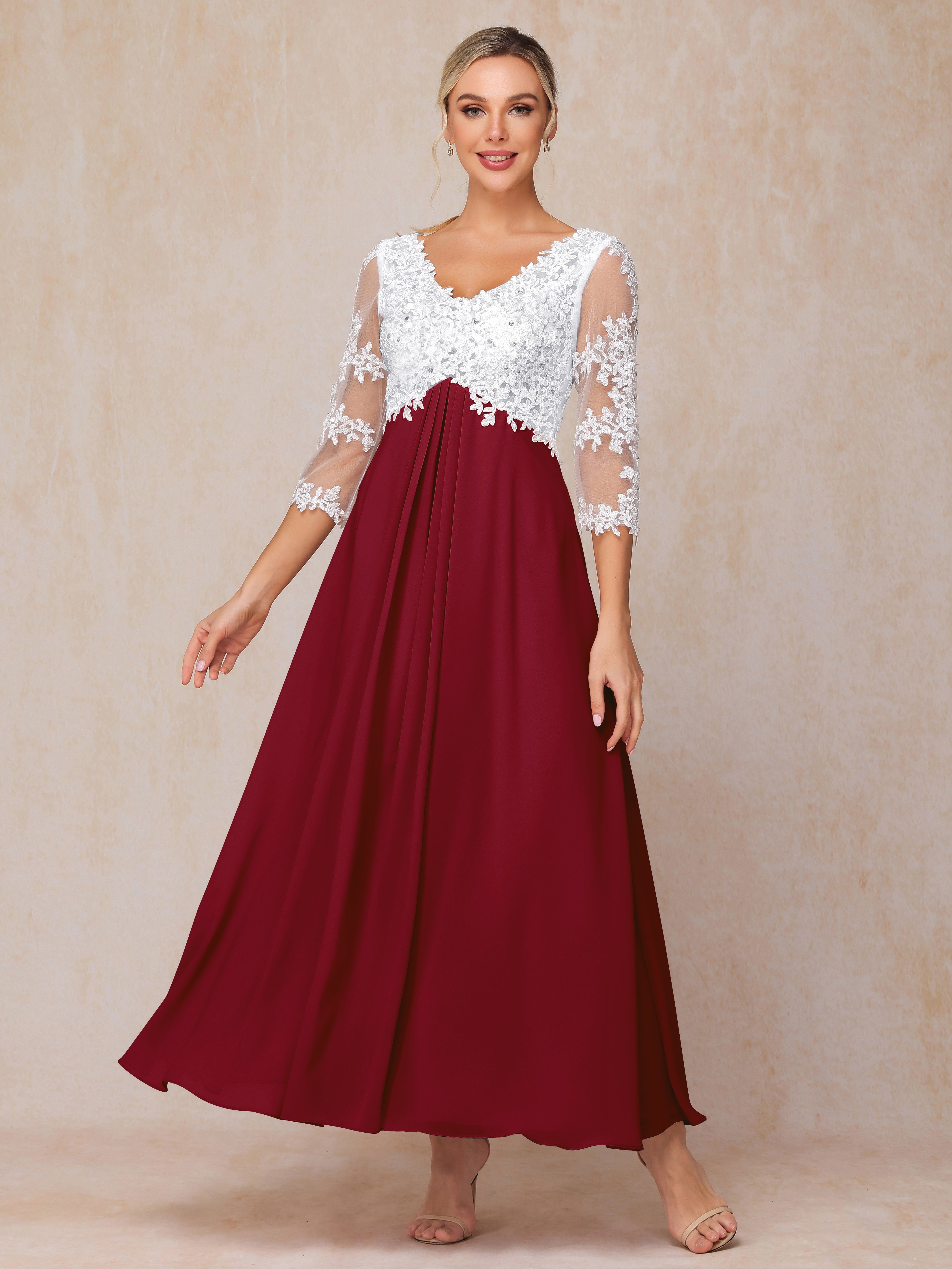 3/4 Sleeves A Line Ankle Length Chiffon Lace Wedding Guest Dresses, Burgundy 3/4 Sleeves A Line Ankle Length Chiffon Lace Wedding Guest Dresses, Burgundy