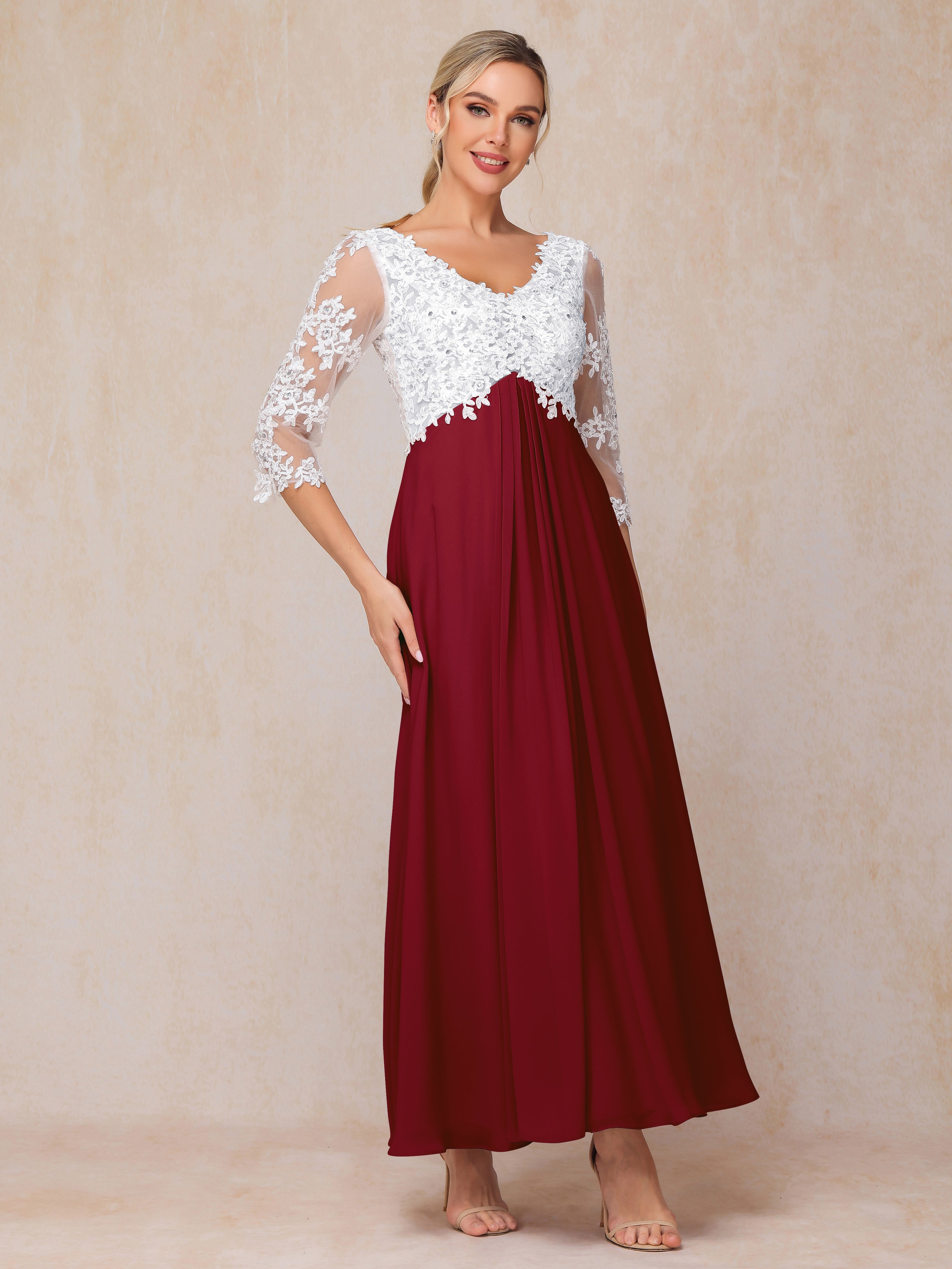 3/4 Sleeves A Line Ankle Length Chiffon Lace Wedding Guest Dresses