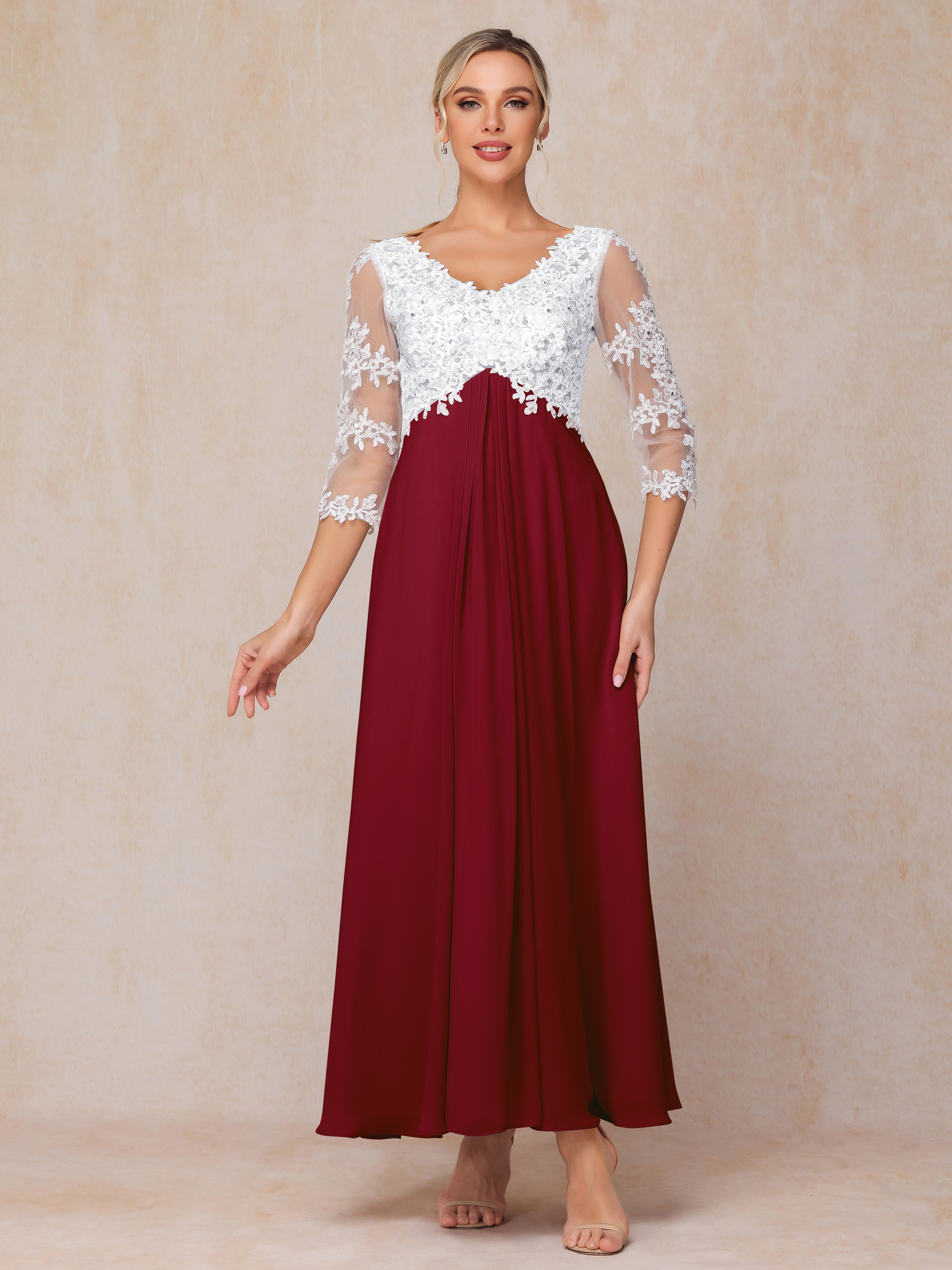 3/4 Sleeves A Line Ankle Length Chiffon Lace Wedding Guest Dresses