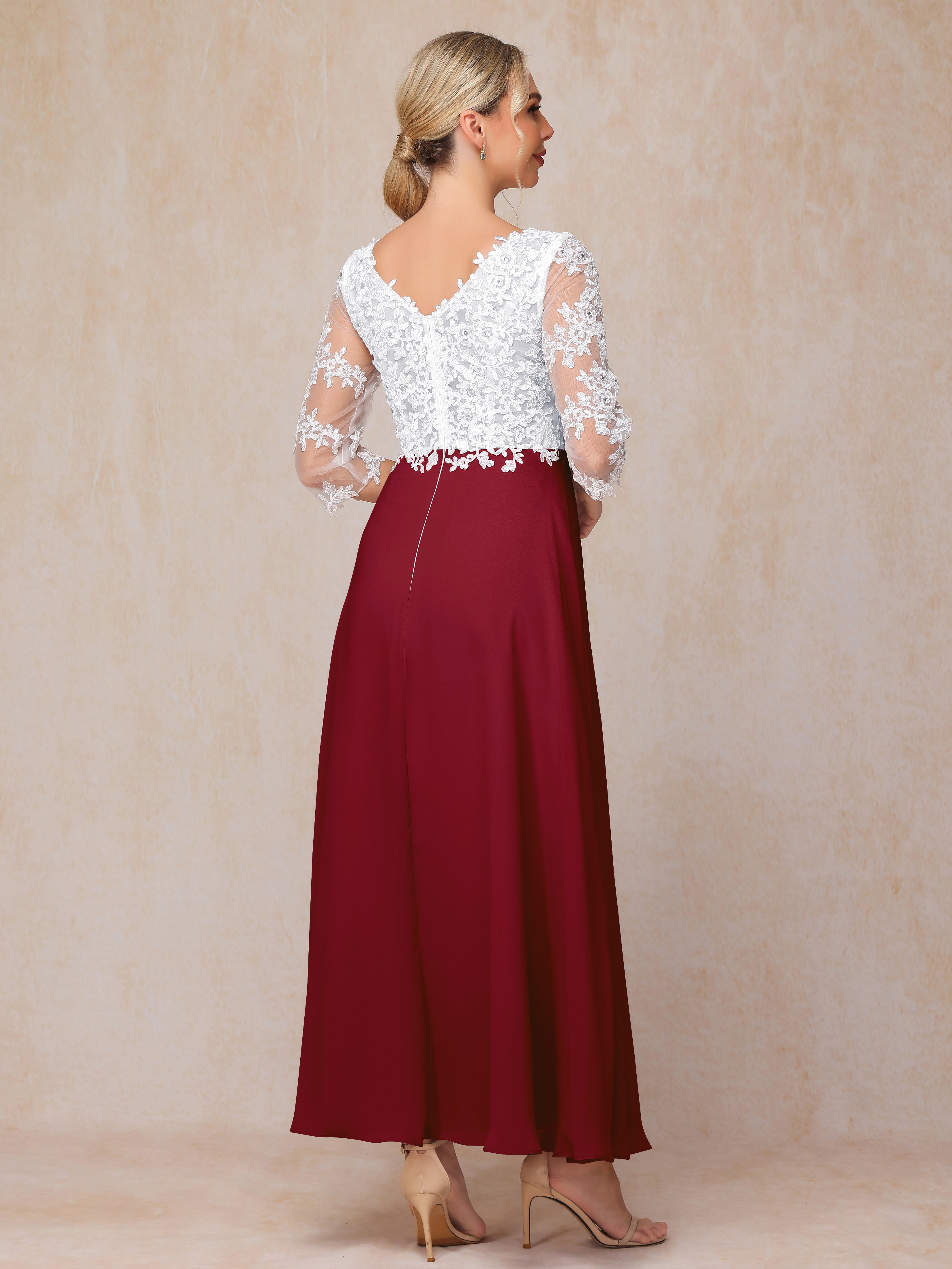 3/4 Sleeves A Line Ankle Length Chiffon Lace Wedding Guest Dresses