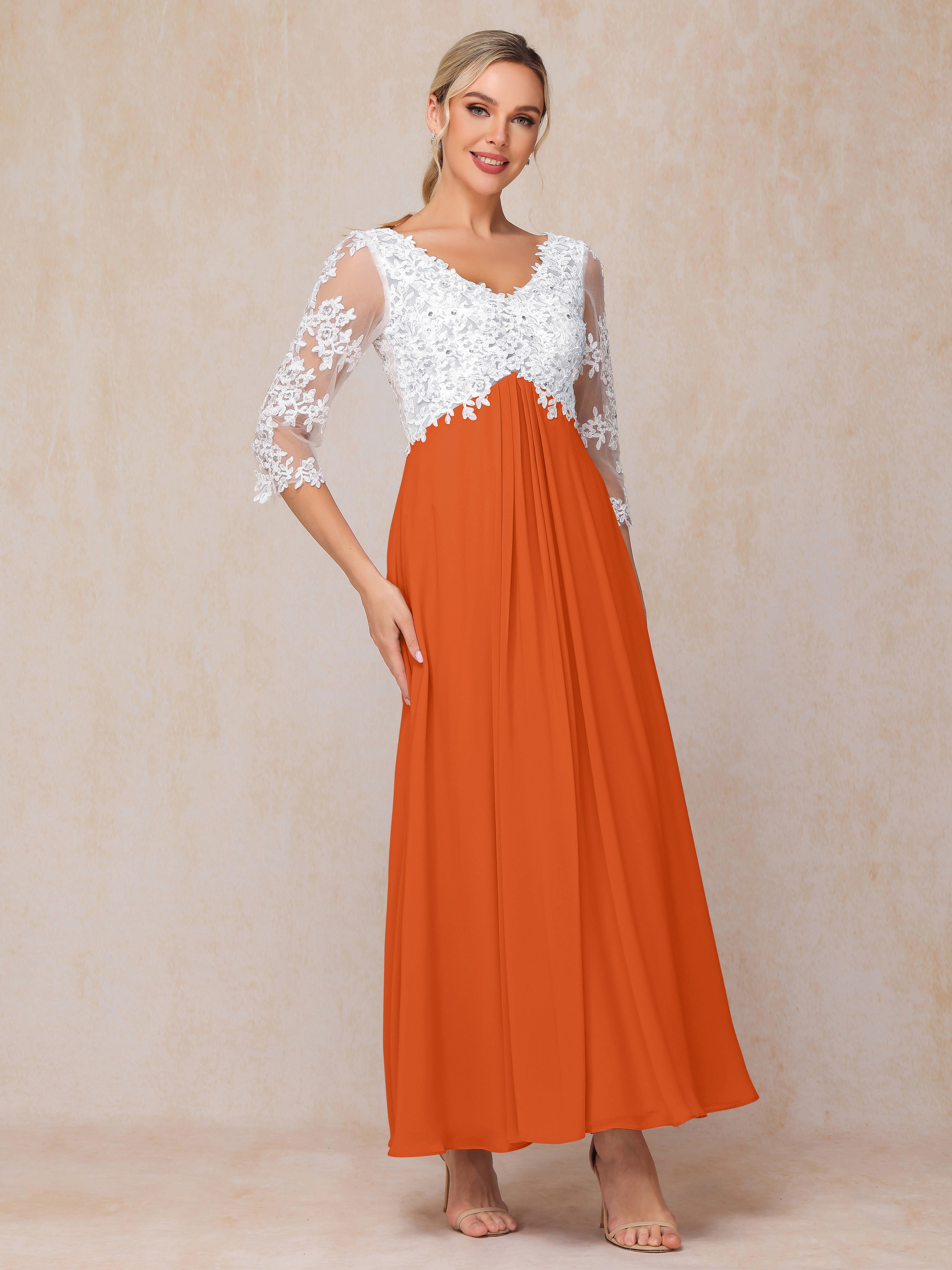 3/4 Sleeves A Line Ankle Length Chiffon Lace Wedding Guest Dresses