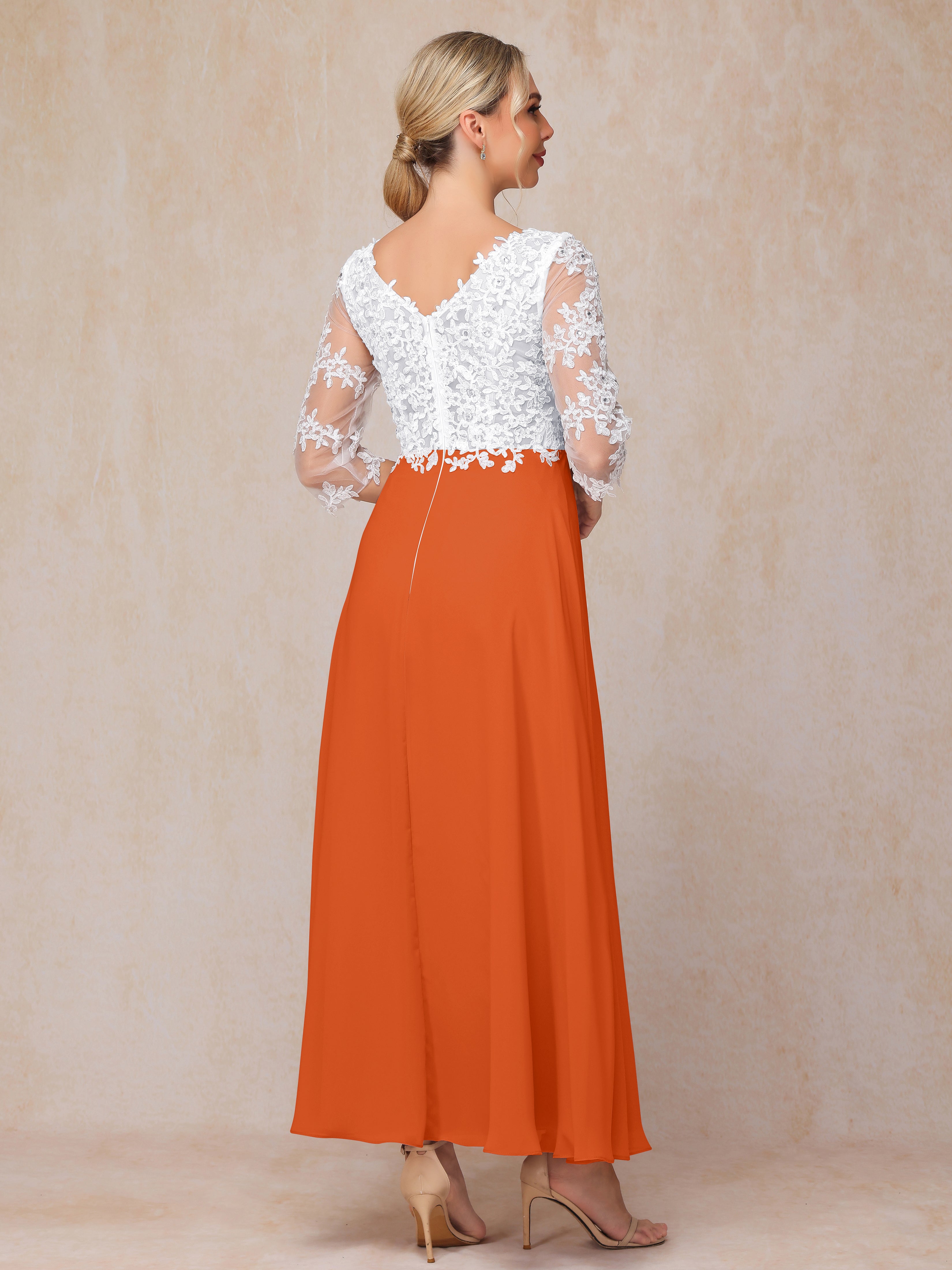 3/4 Sleeves A Line Ankle Length Chiffon Lace Wedding Guest Dresses