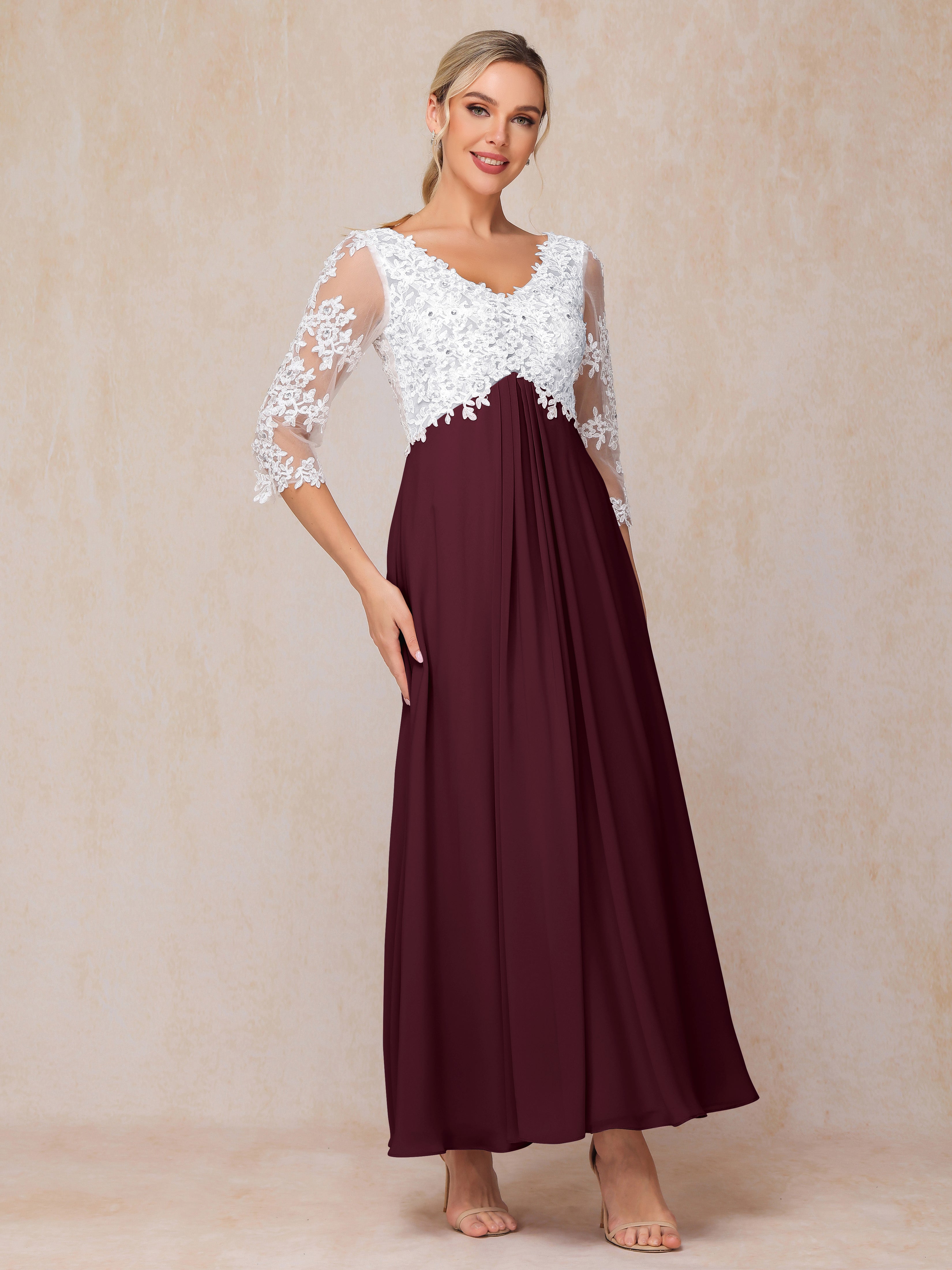 3/4 Sleeves A Line Ankle Length Chiffon Lace Wedding Guest Dresses