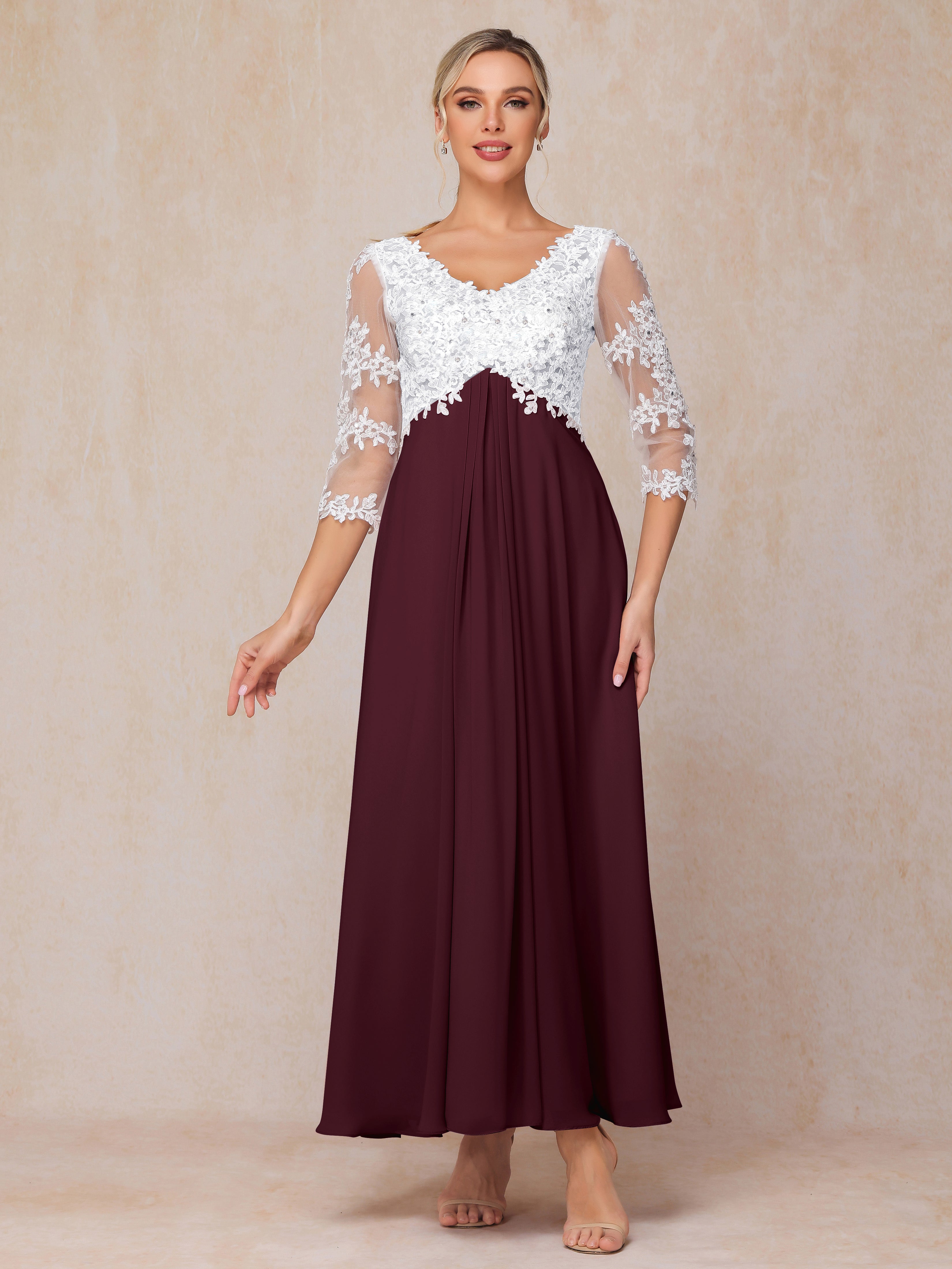 3/4 Sleeves A Line Ankle Length Chiffon Lace Wedding Guest Dresses