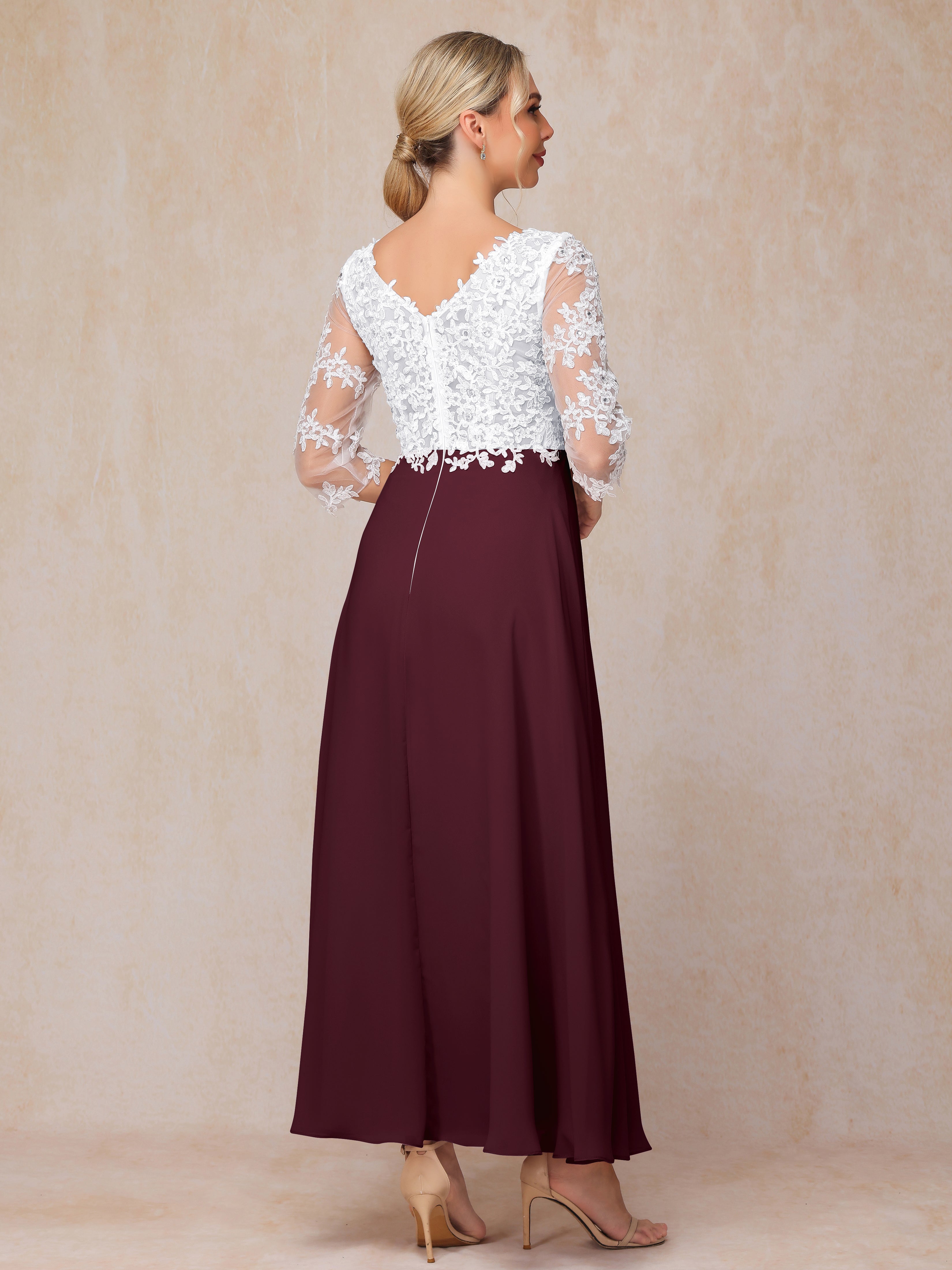 3/4 Sleeves A Line Ankle Length Chiffon Lace Wedding Guest Dresses