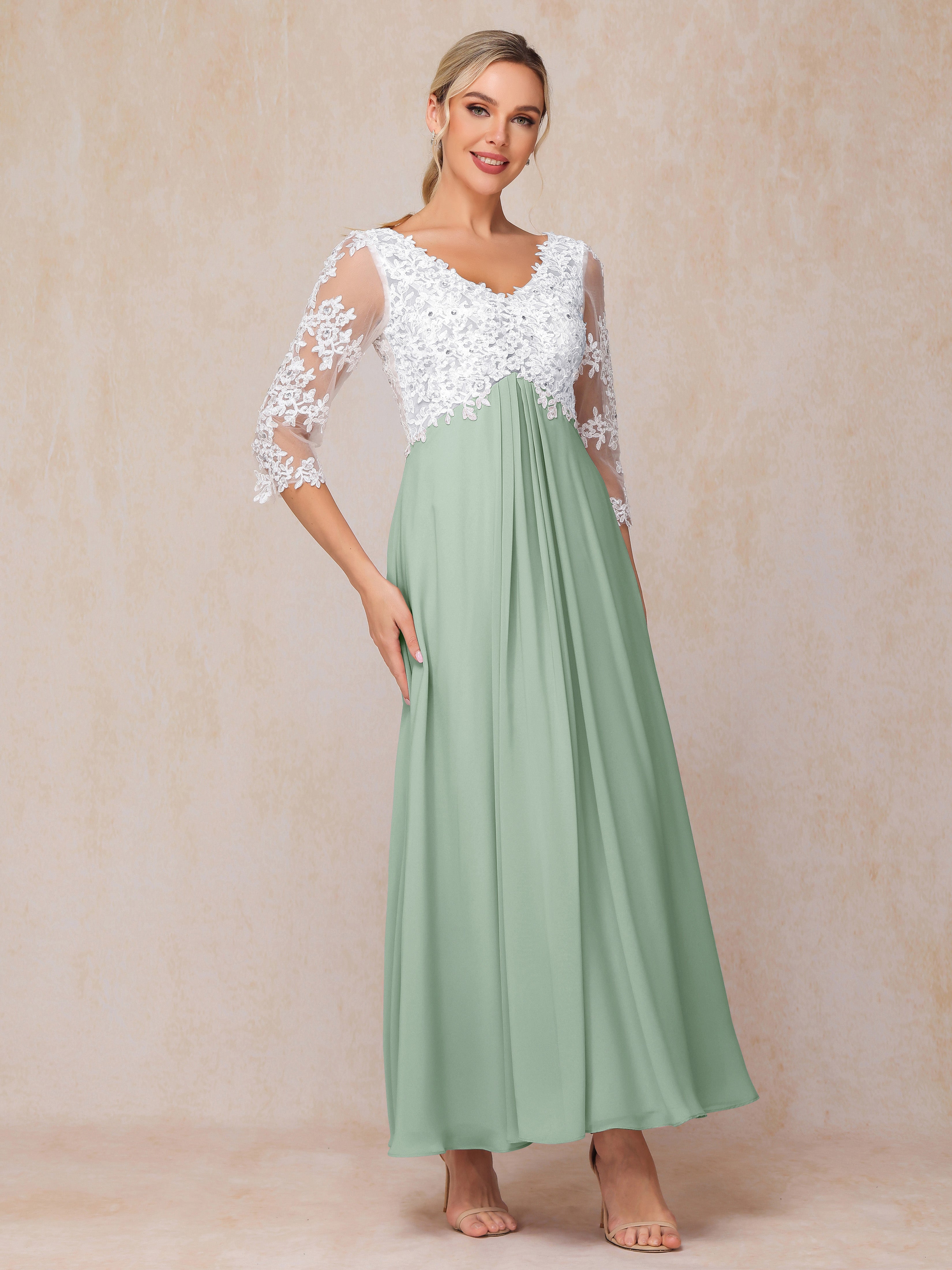 3/4 Sleeves A Line Ankle Length Chiffon Lace Wedding Guest Dresses