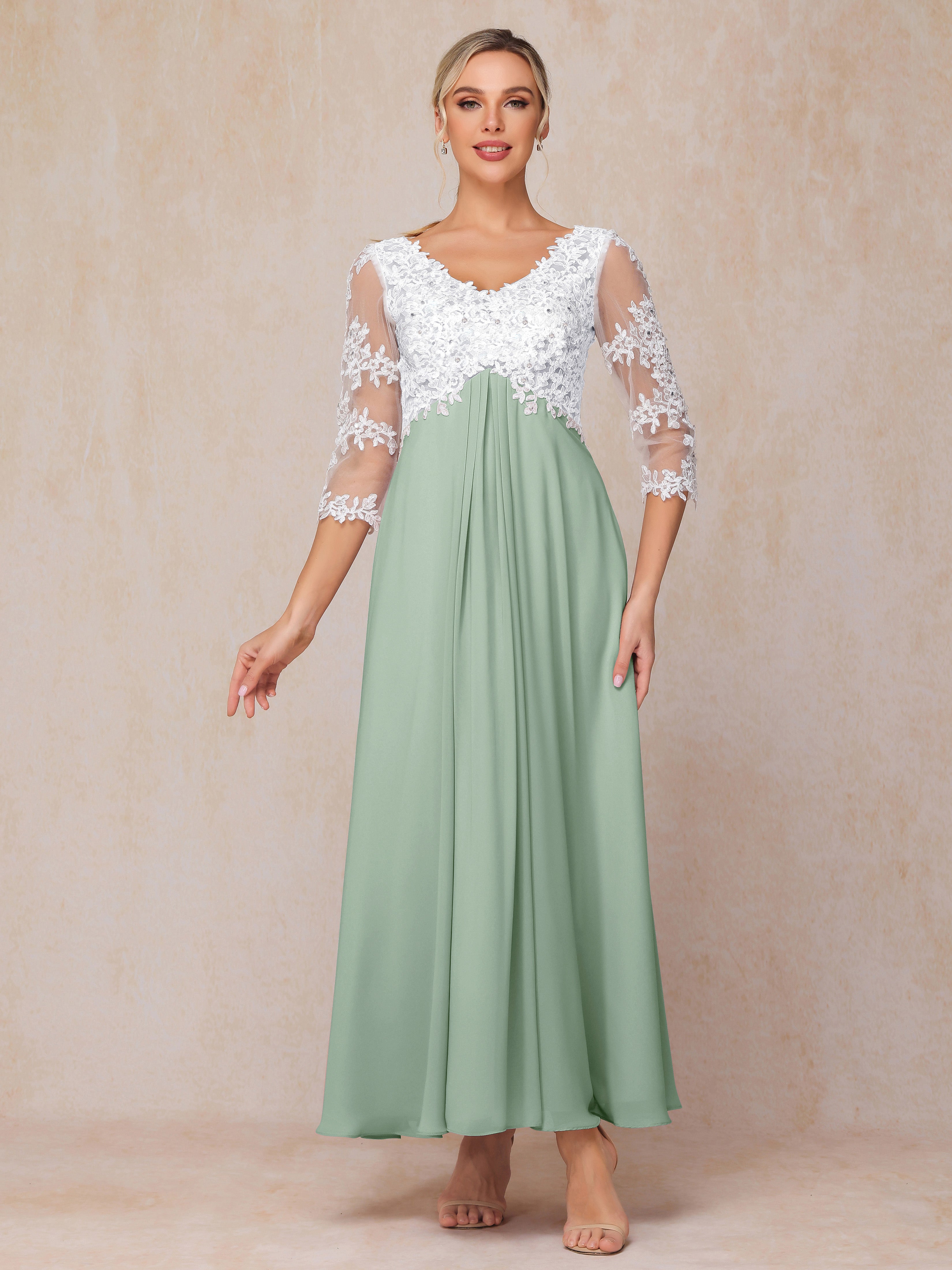 3/4 Sleeves A Line Ankle Length Chiffon Lace Wedding Guest Dresses