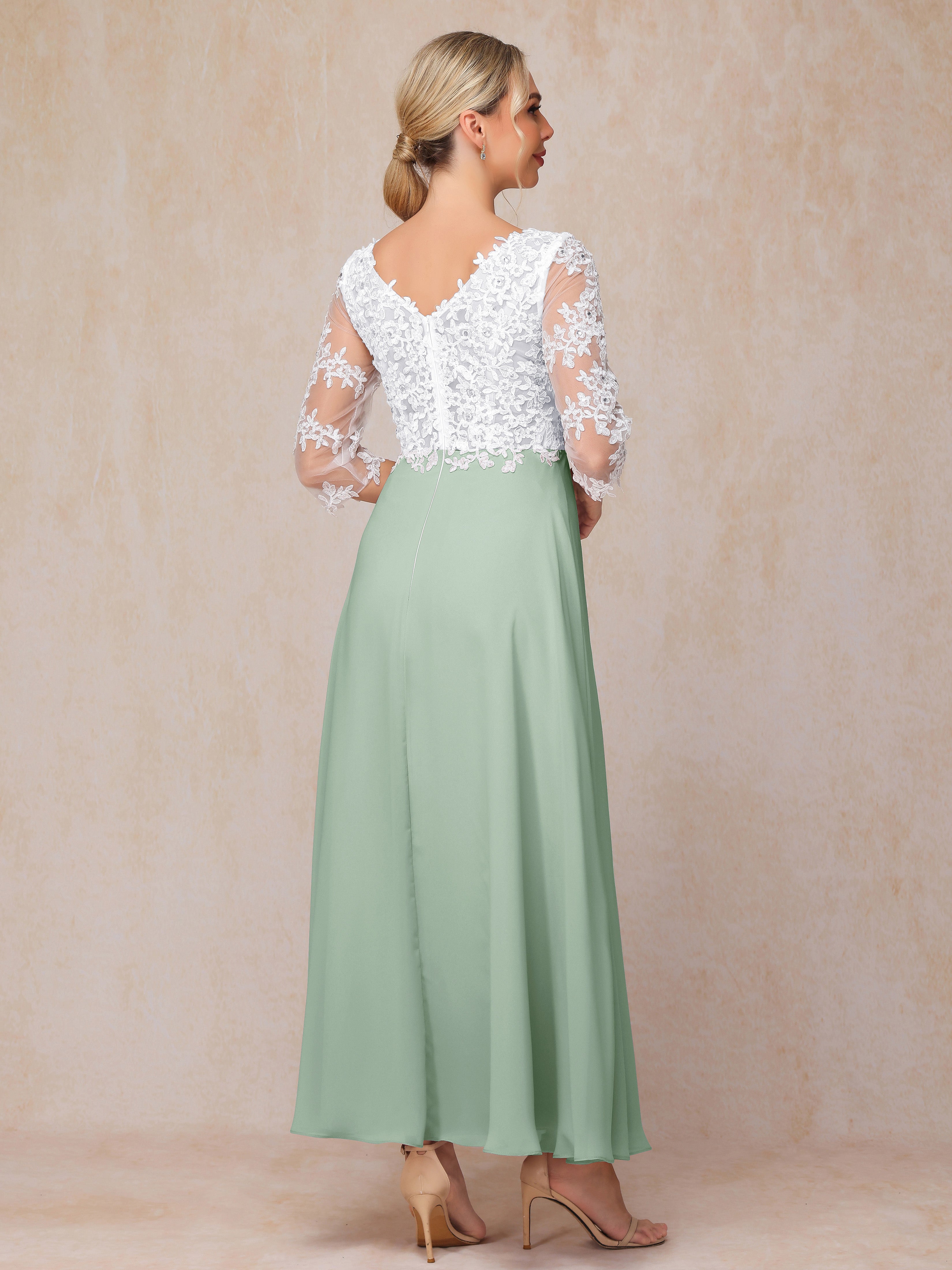 3/4 Sleeves A Line Ankle Length Chiffon Lace Wedding Guest Dresses