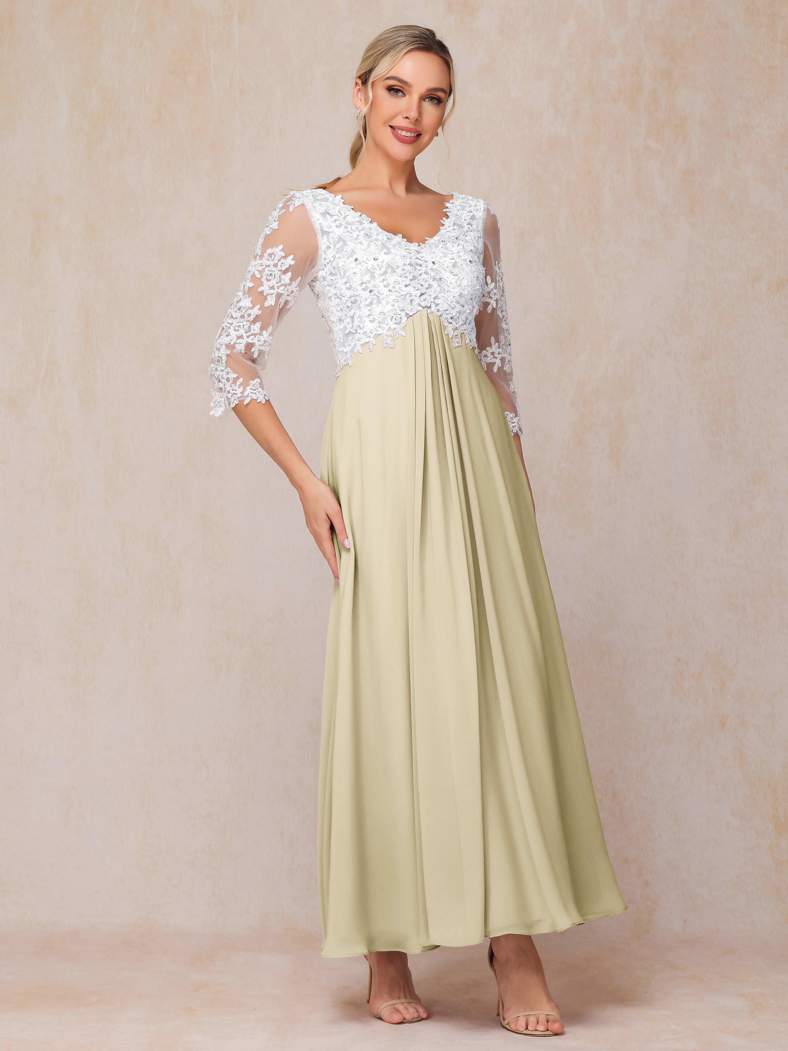 3/4 Sleeves A Line Ankle Length Chiffon Lace Wedding Guest Dresses