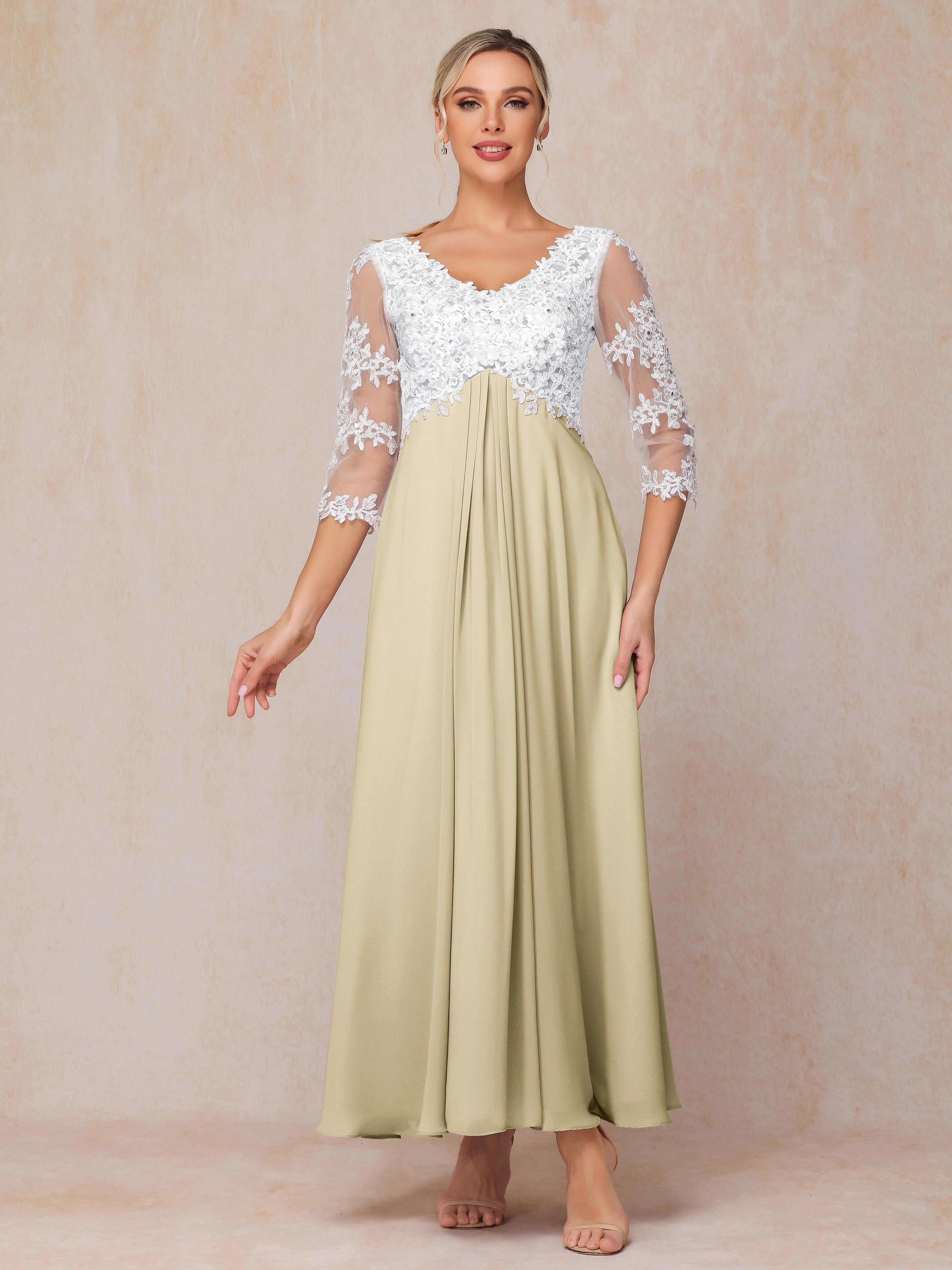 3/4 Sleeves A Line Ankle Length Chiffon Lace Wedding Guest Dresses