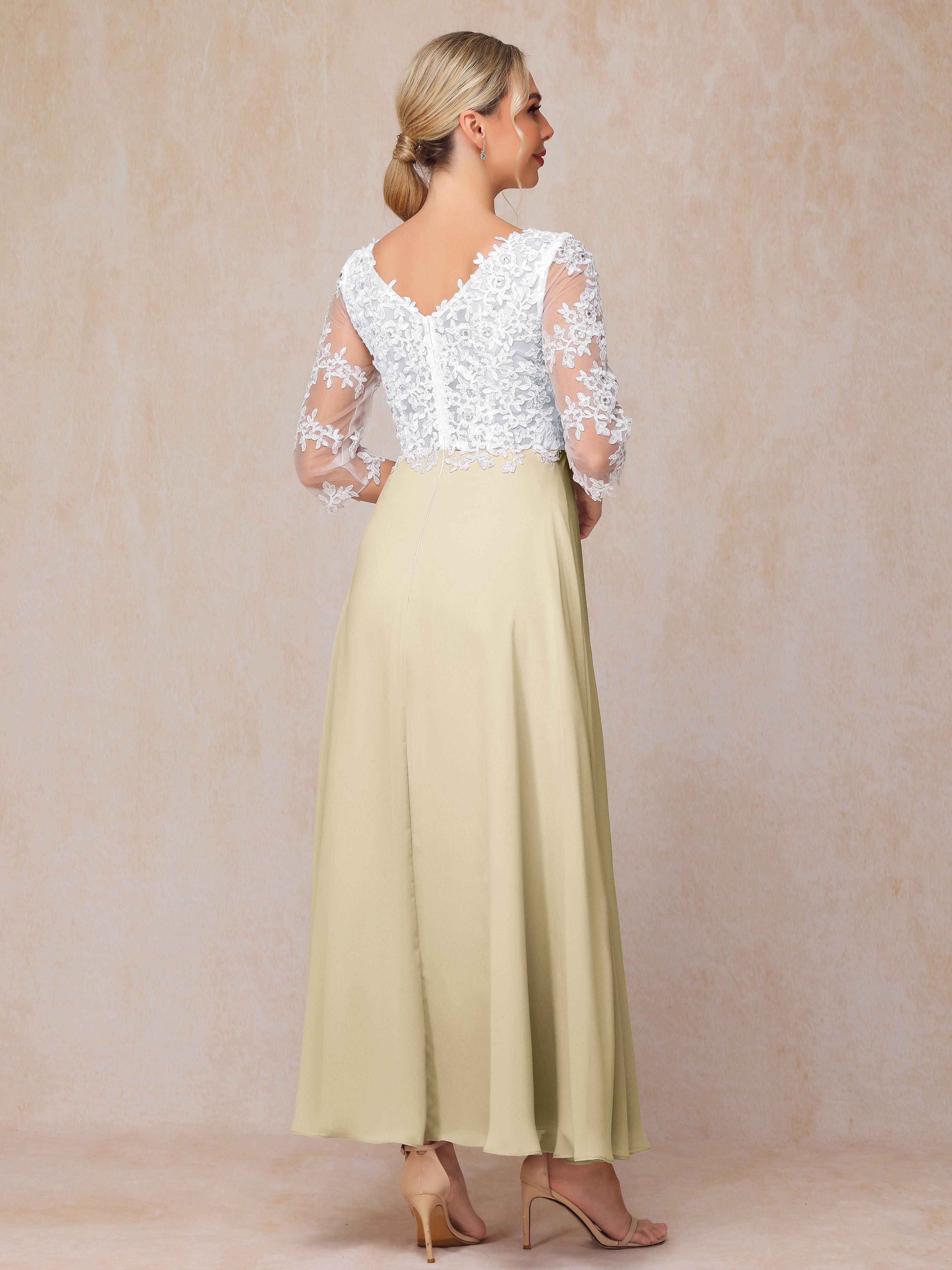 3/4 Sleeves A Line Ankle Length Chiffon Lace Wedding Guest Dresses