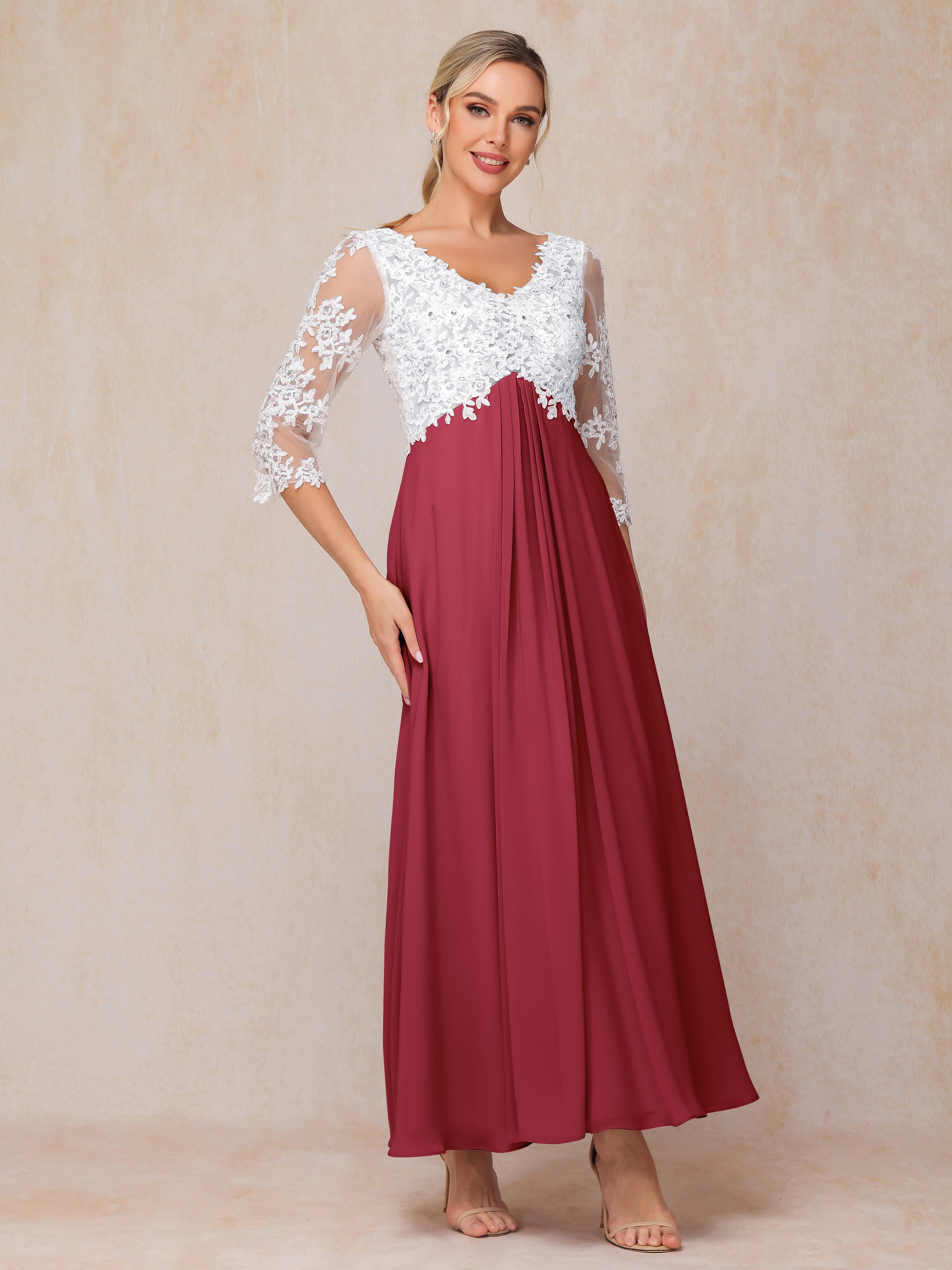 3/4 Sleeves A Line Ankle Length Chiffon Lace Wedding Guest Dresses
