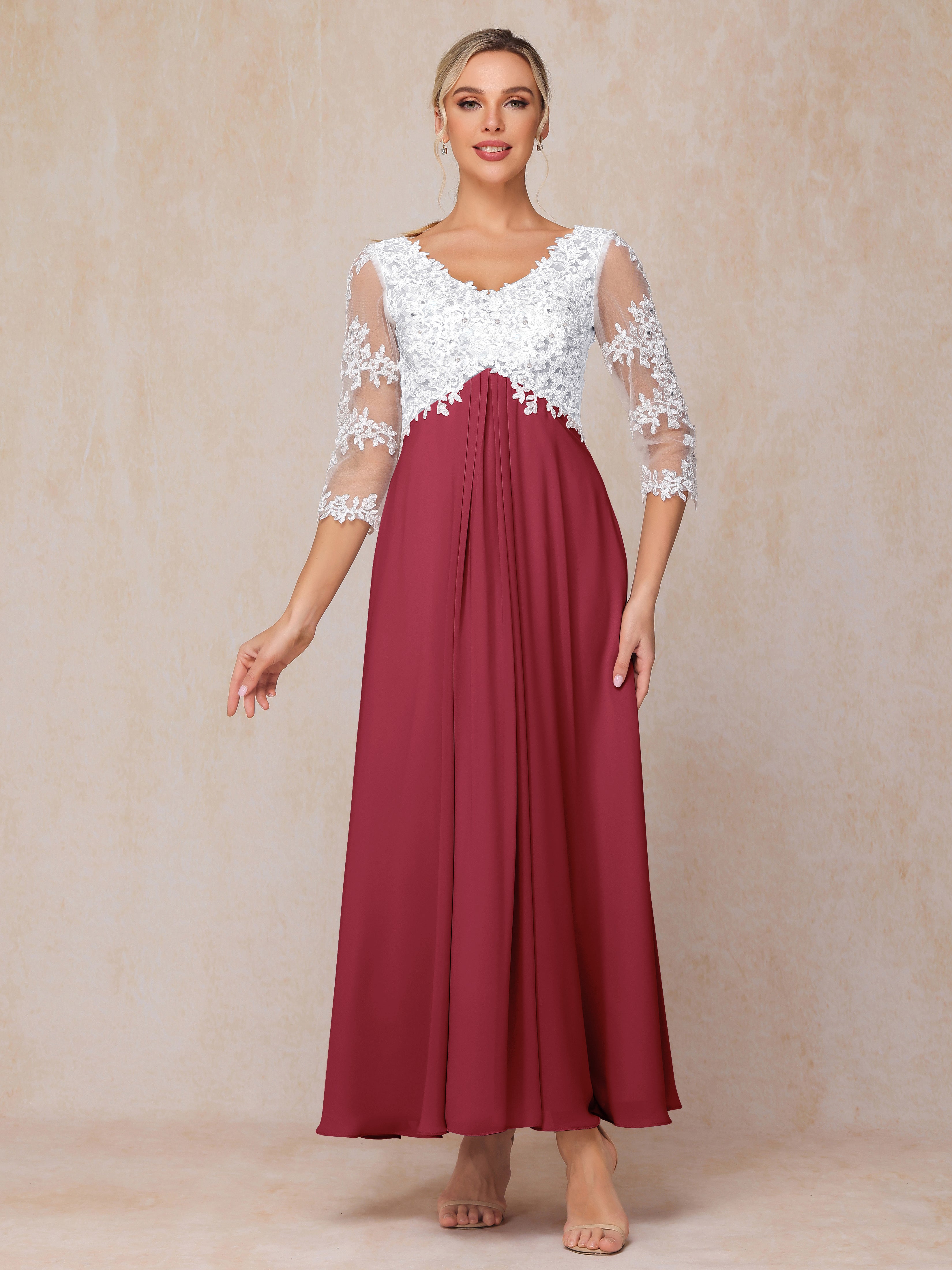 3/4 Sleeves A Line Ankle Length Chiffon Lace Wedding Guest Dresses