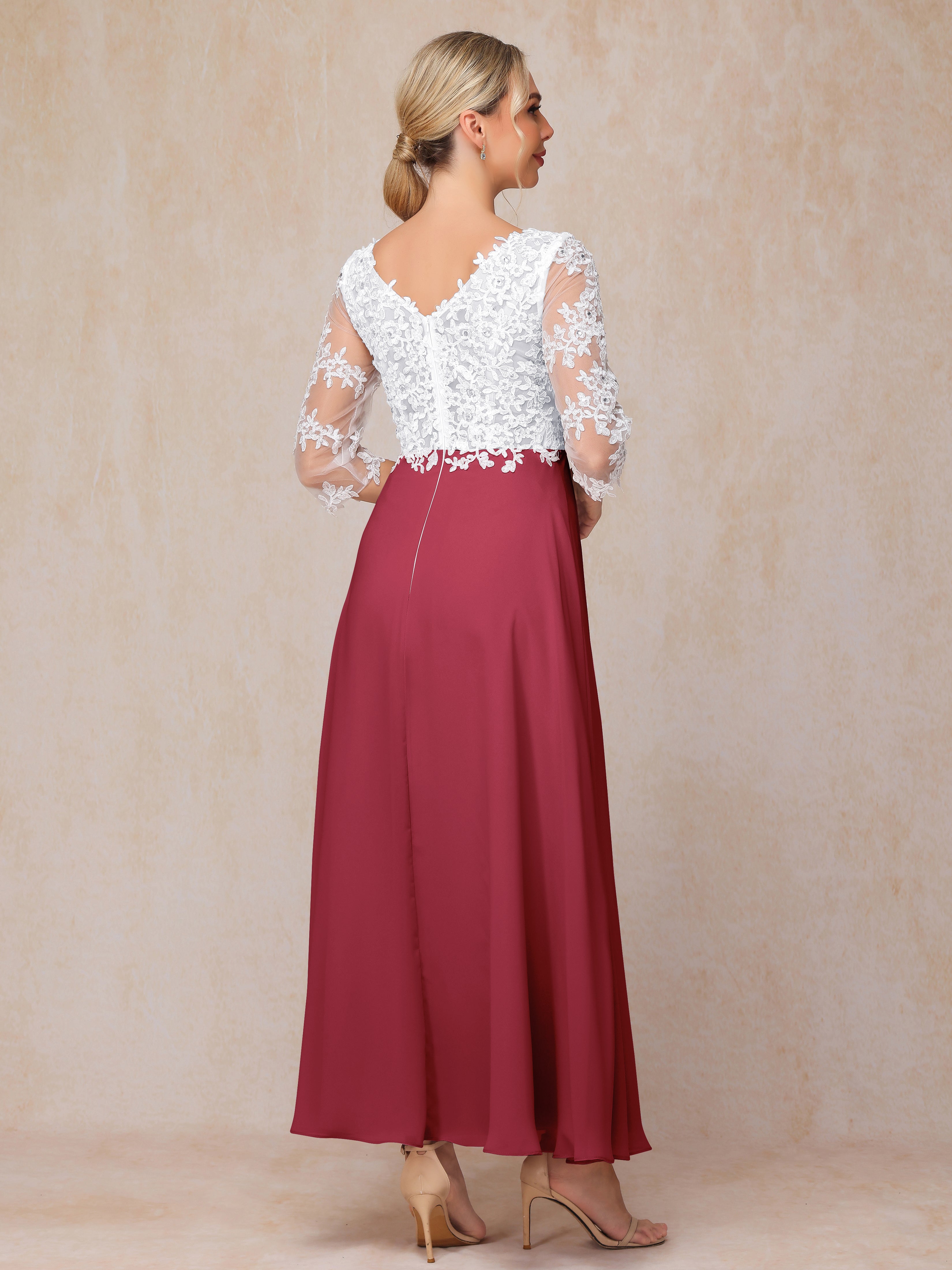 3/4 Sleeves A Line Ankle Length Chiffon Lace Wedding Guest Dresses