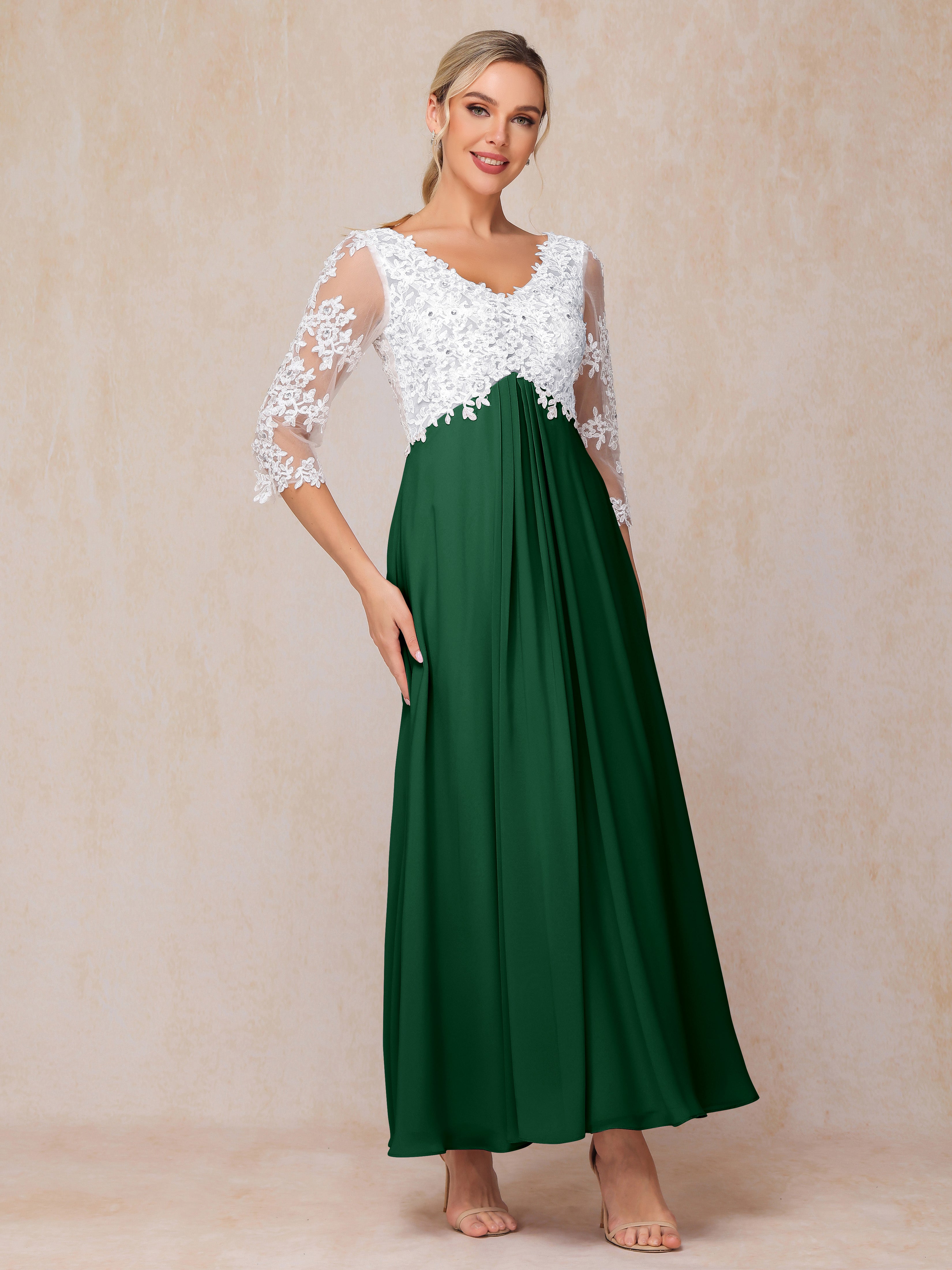 3/4 Sleeves A Line Ankle Length Chiffon Lace Wedding Guest Dresses