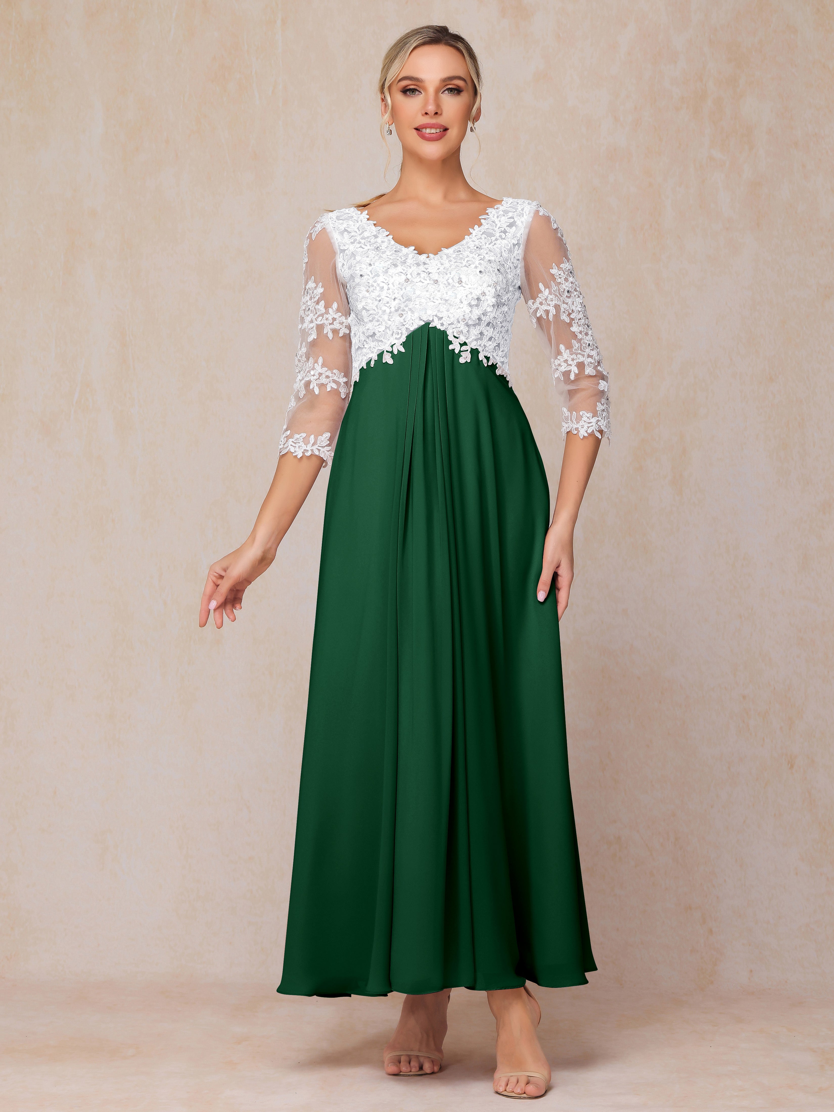 3/4 Sleeves A Line Ankle Length Chiffon Lace Wedding Guest Dresses