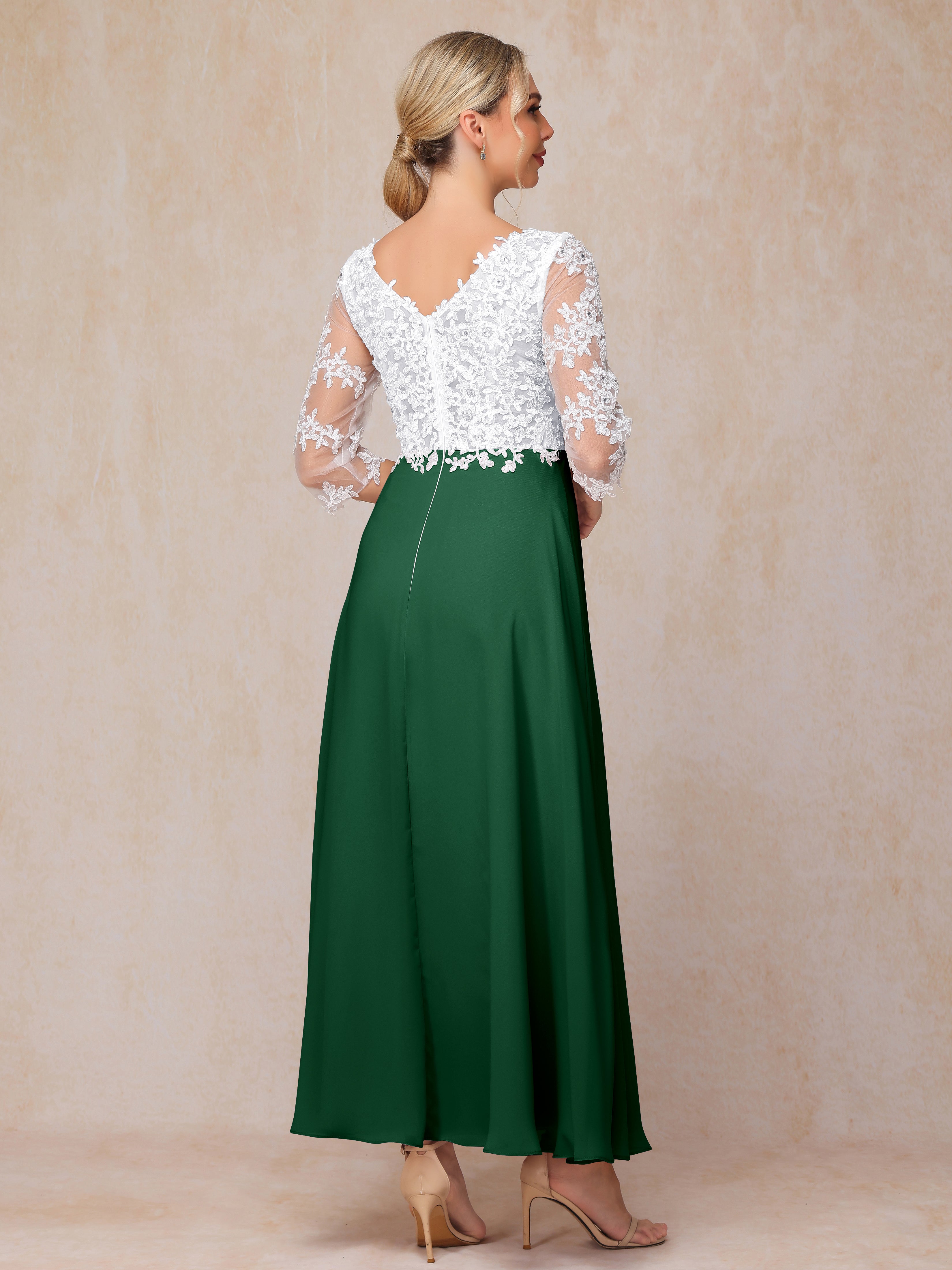 3/4 Sleeves A Line Ankle Length Chiffon Lace Wedding Guest Dresses