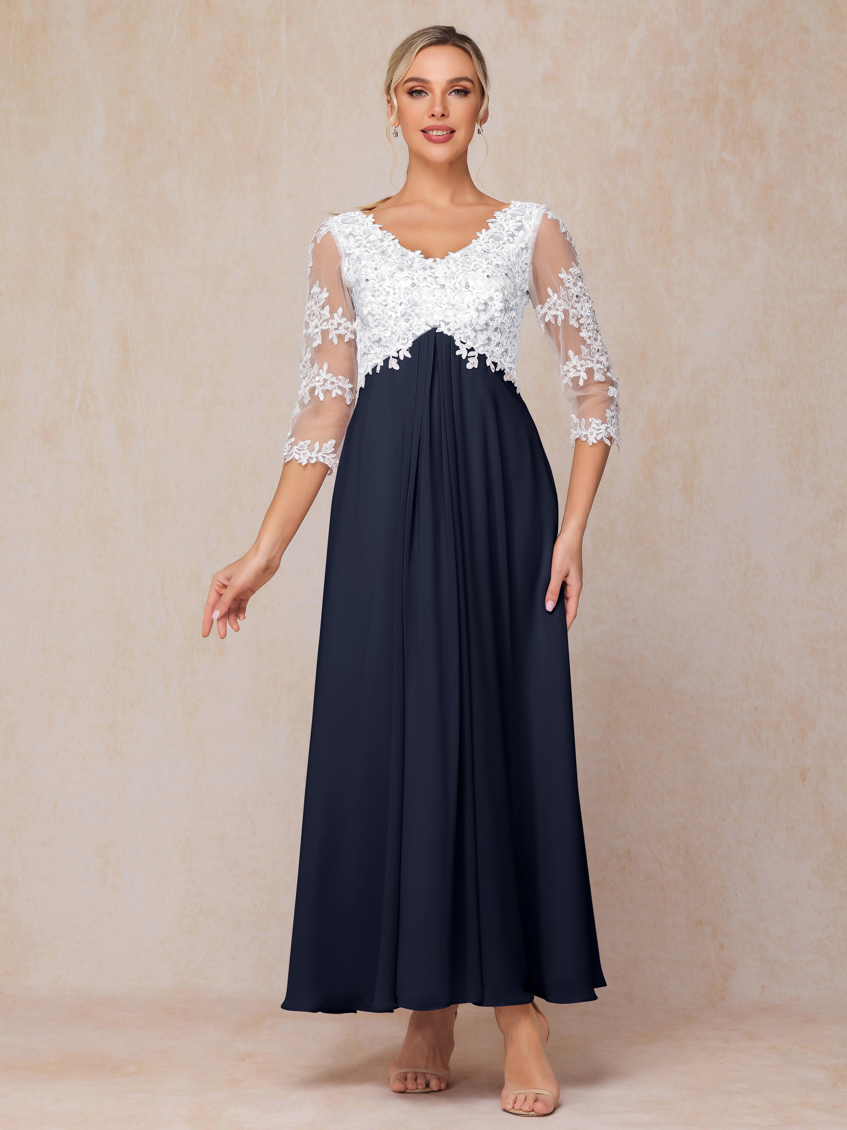 3/4 Sleeves A Line Ankle Length Chiffon Lace Wedding Guest Dresses