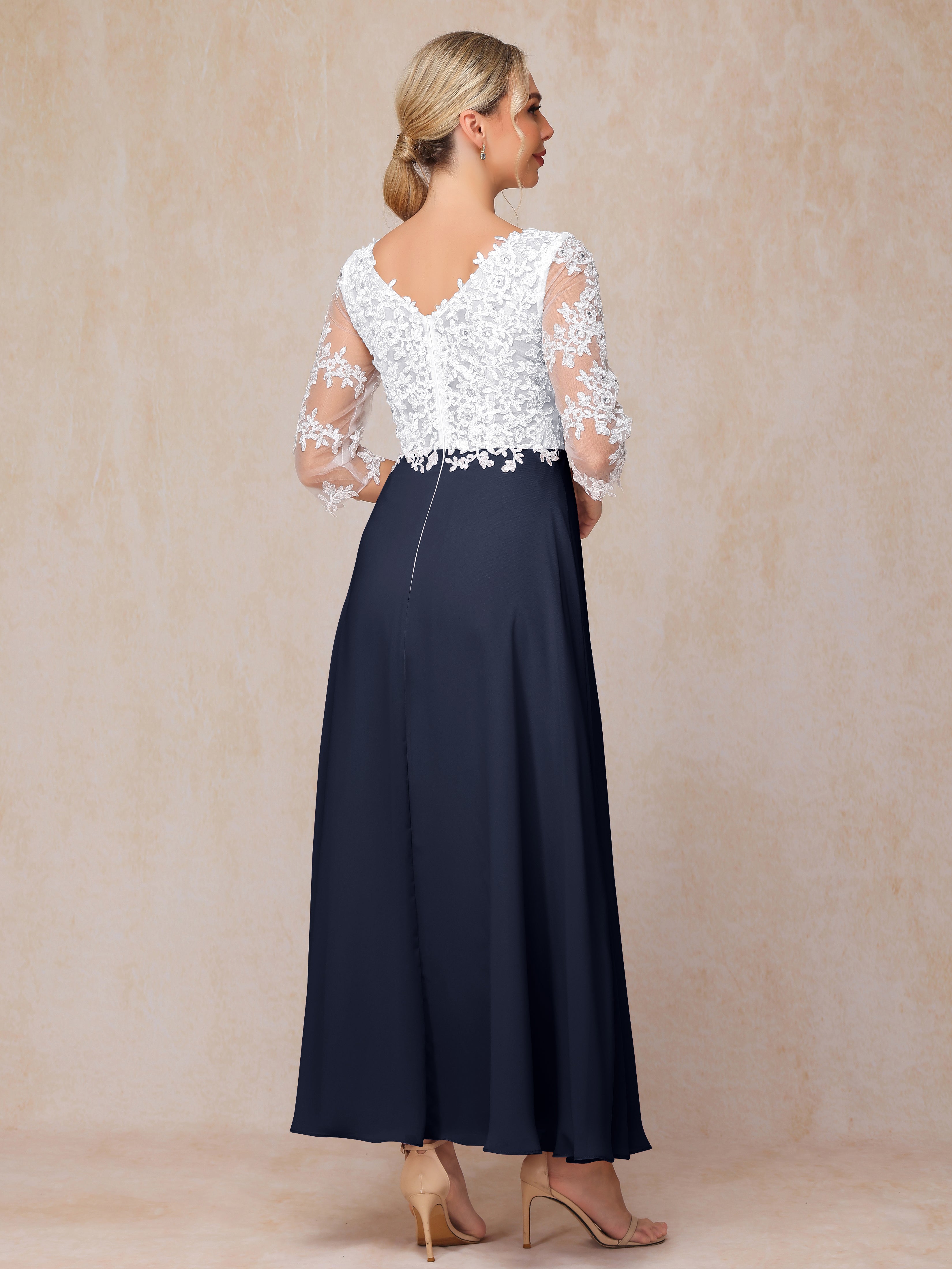 3/4 Sleeves A Line Ankle Length Chiffon Lace Wedding Guest Dresses