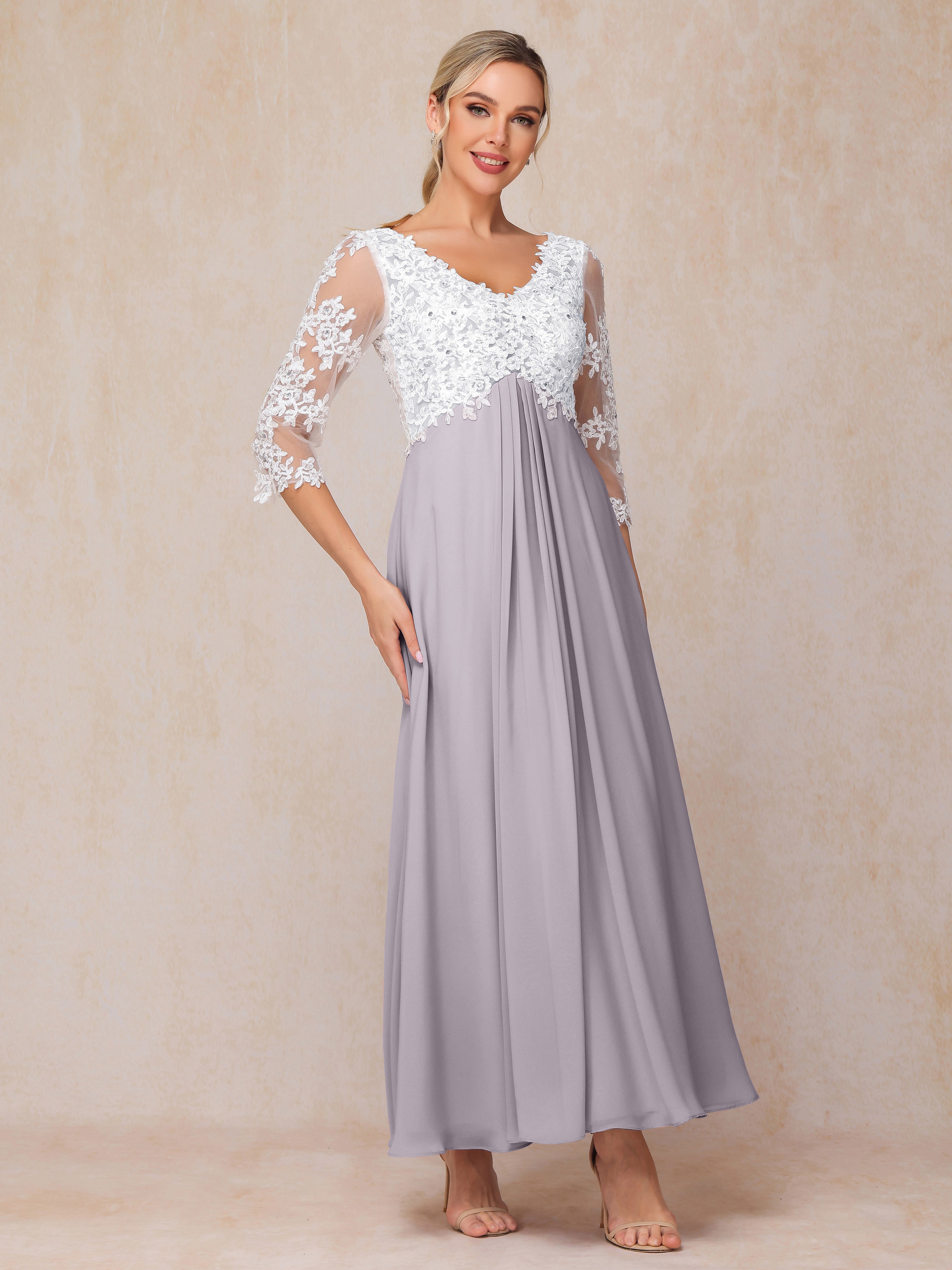 3/4 Sleeves A Line Ankle Length Chiffon Lace Wedding Guest Dresses
