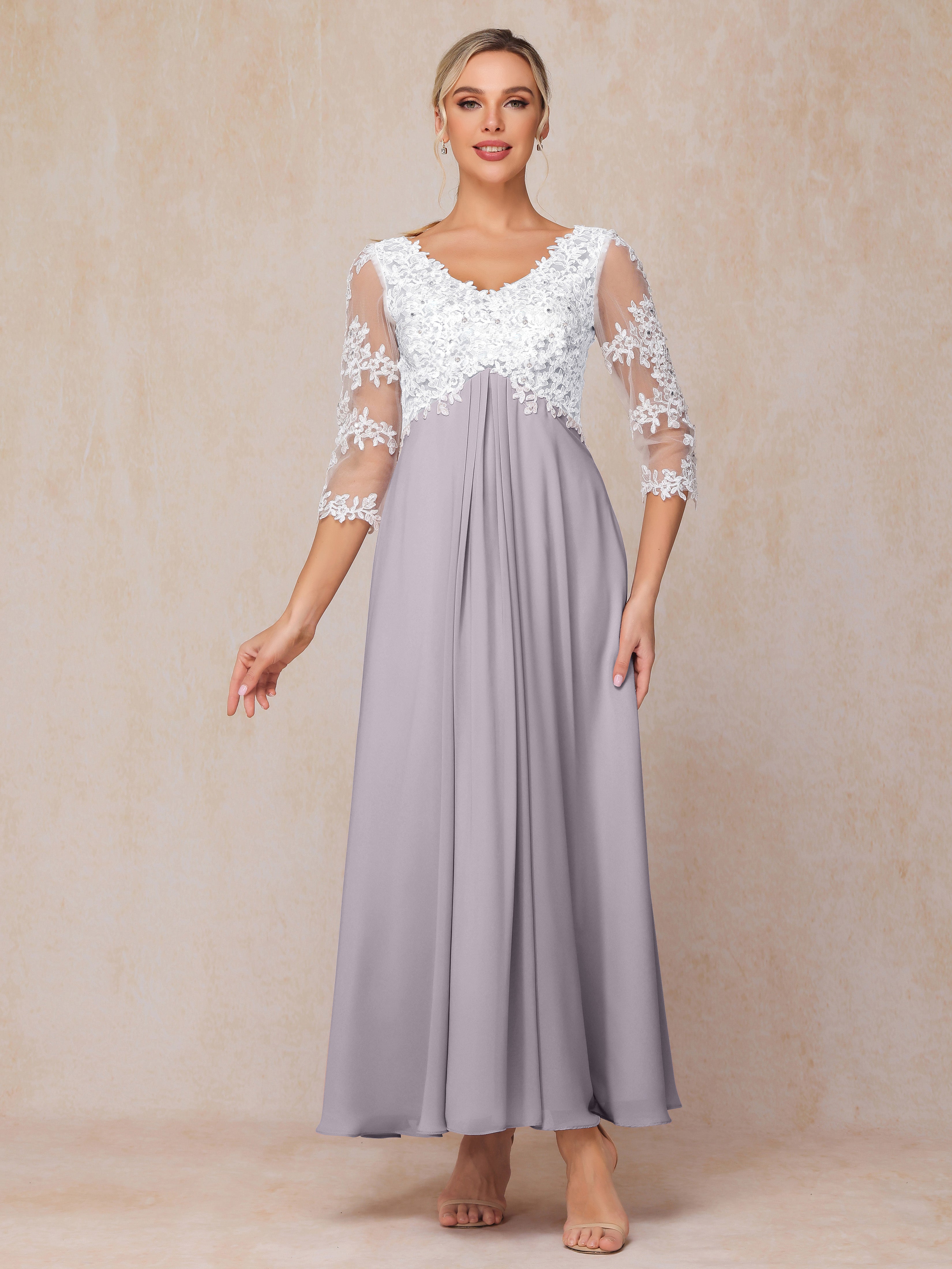 3/4 Sleeves A Line Ankle Length Chiffon Lace Wedding Guest Dresses