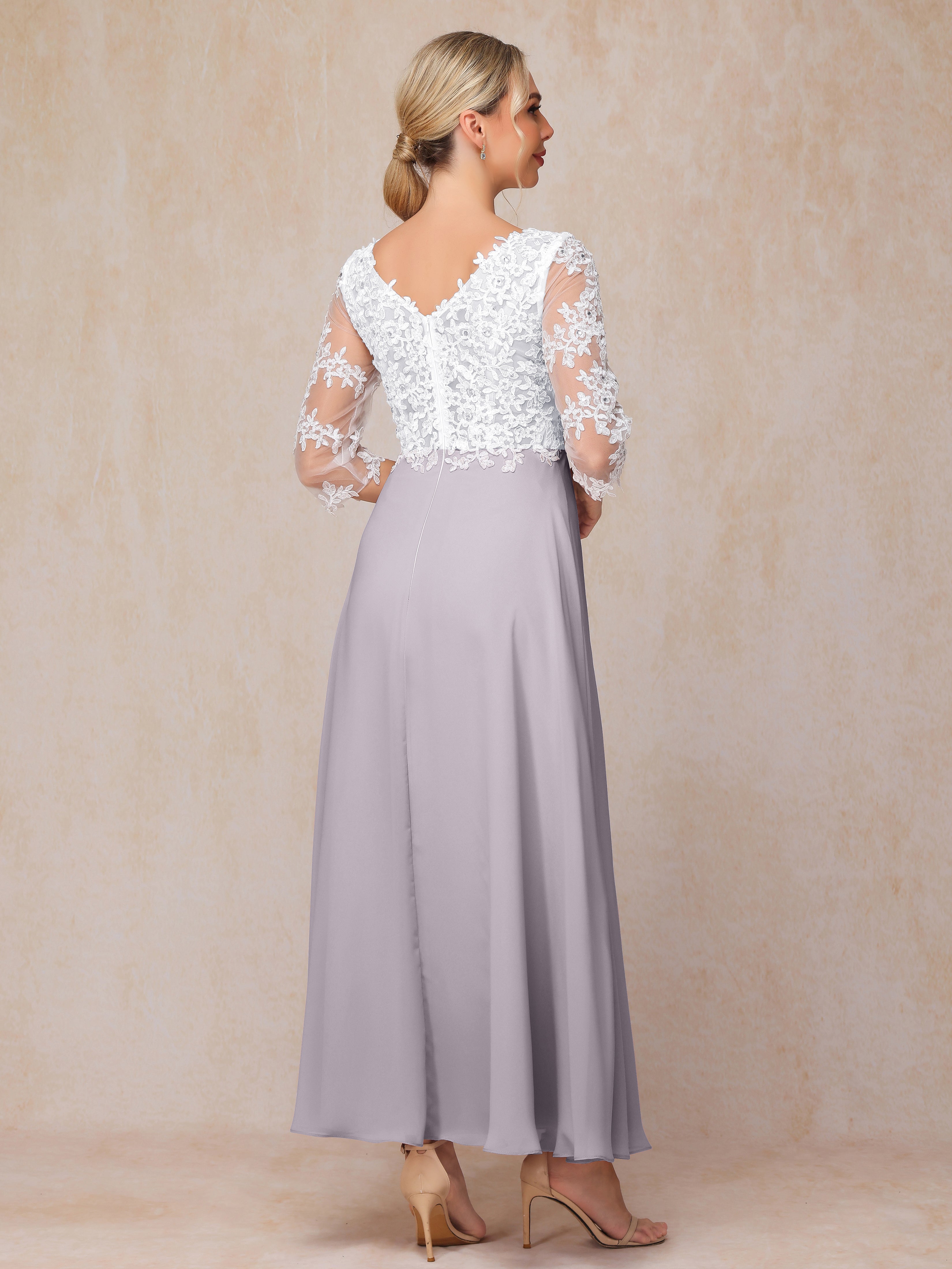 3/4 Sleeves A Line Ankle Length Chiffon Lace Wedding Guest Dresses