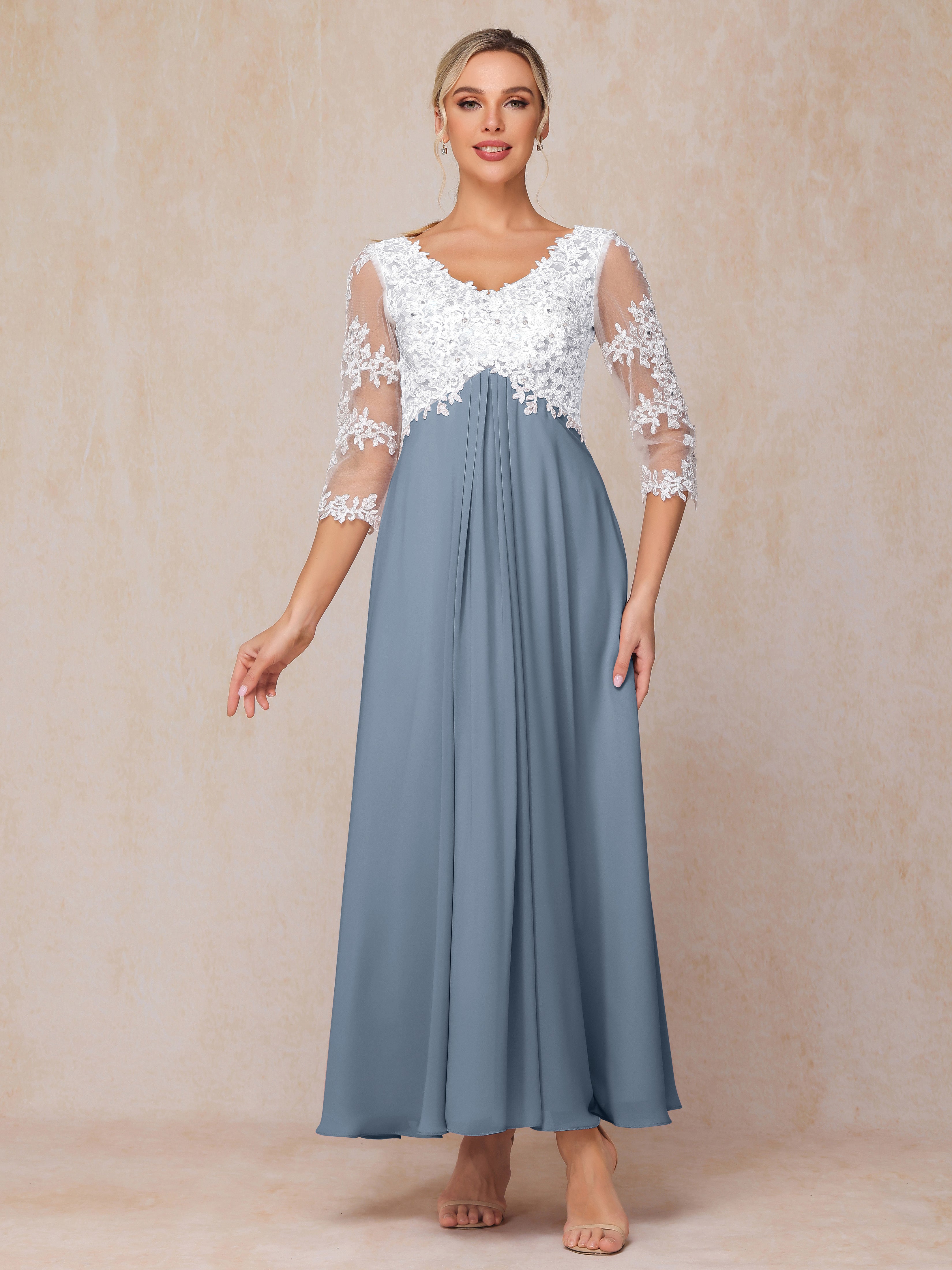 3/4 Sleeves A Line Ankle Length Chiffon Lace Wedding Guest Dresses