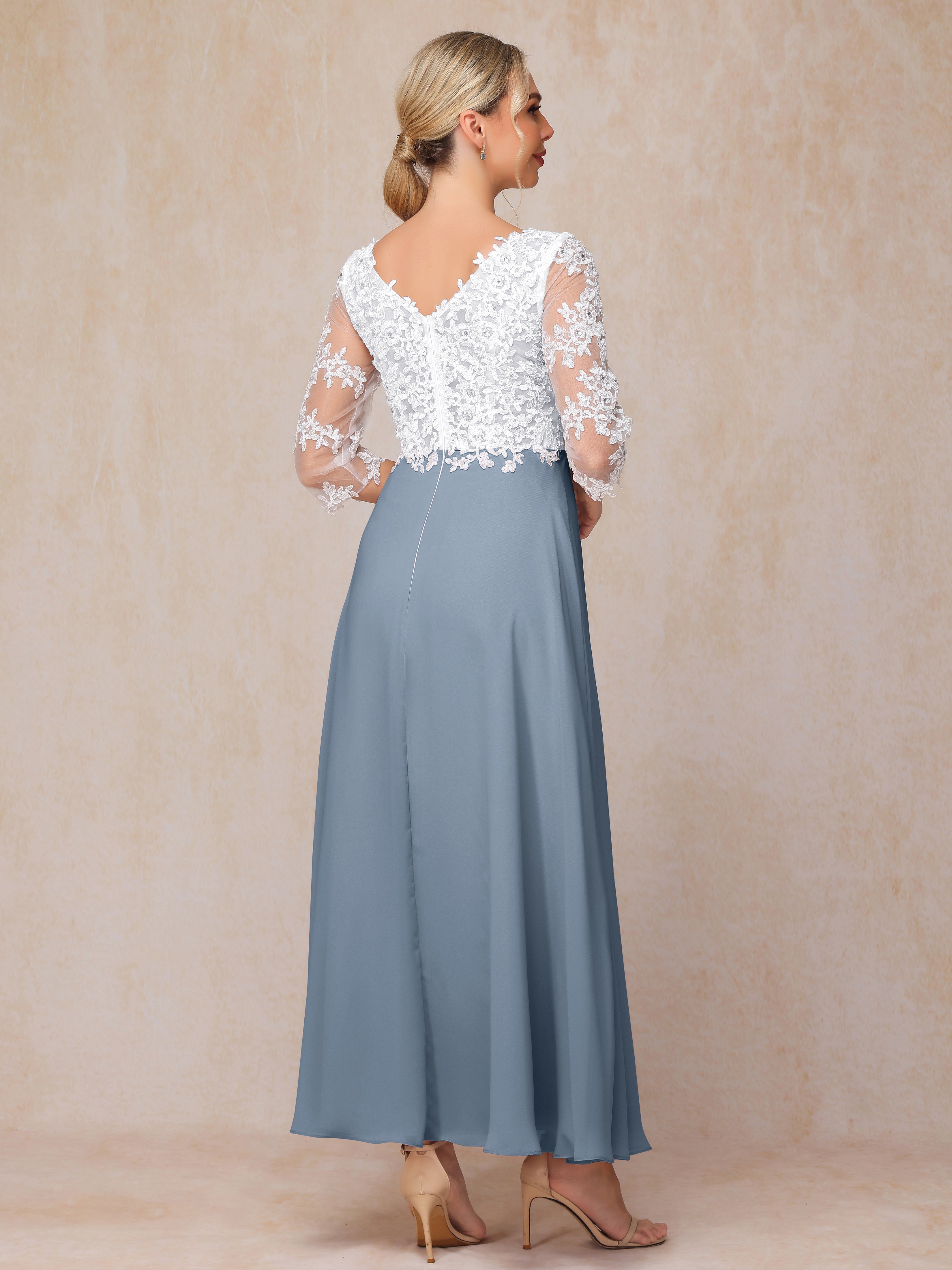 3/4 Sleeves A Line Ankle Length Chiffon Lace Wedding Guest Dresses