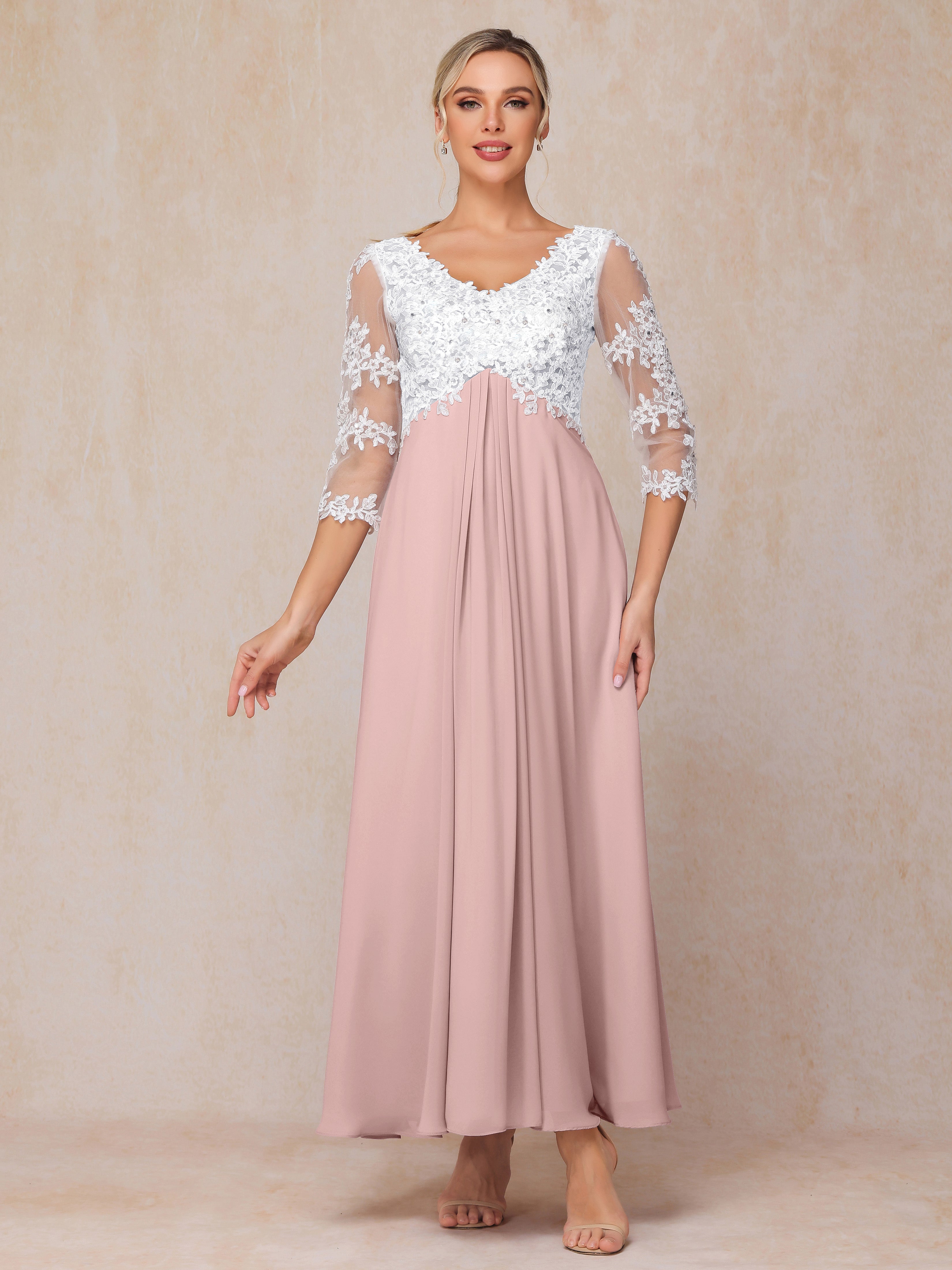 3/4 Sleeves A Line Ankle Length Chiffon Lace Wedding Guest Dresses