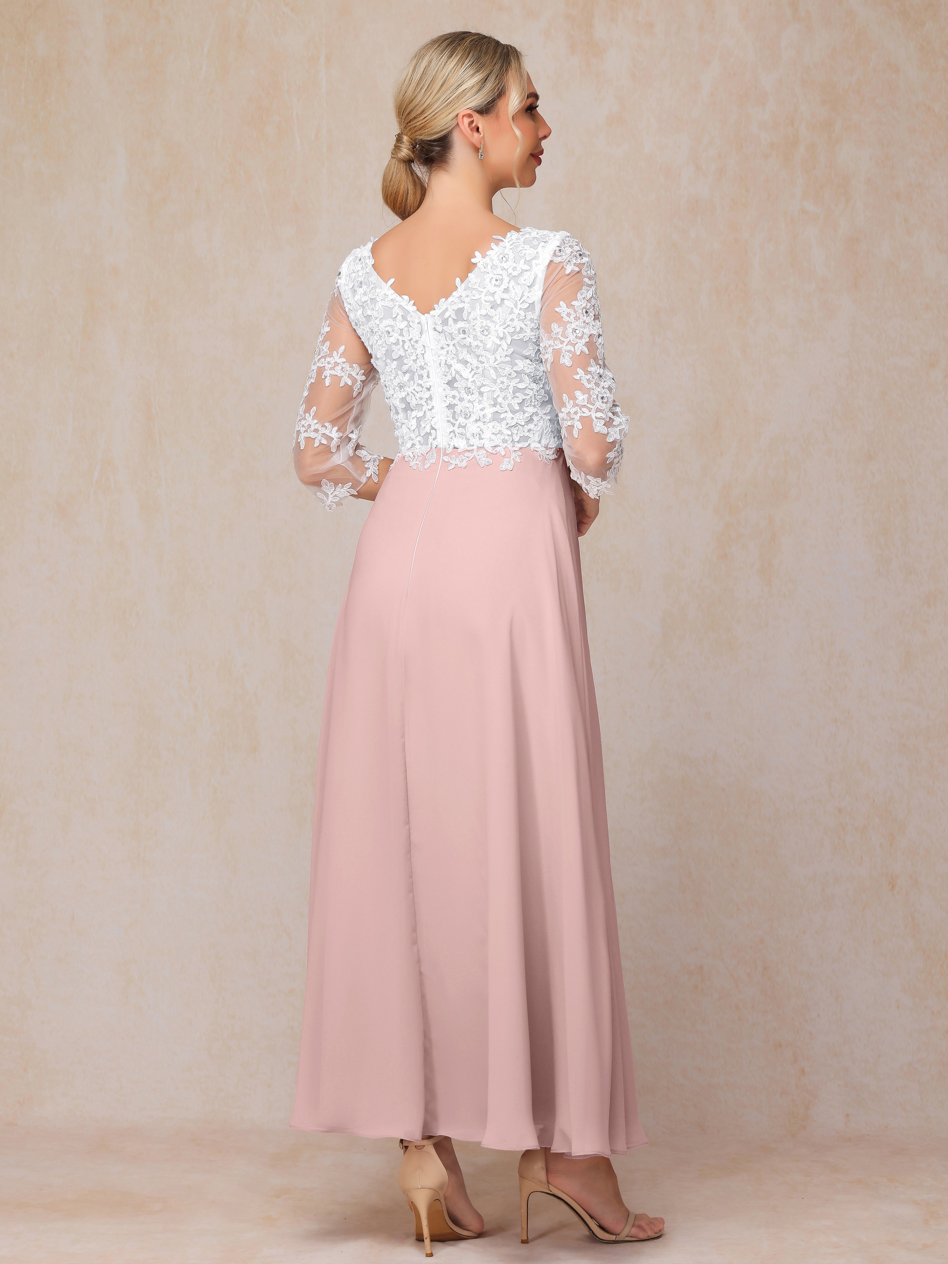 3/4 Sleeves A Line Ankle Length Chiffon Lace Wedding Guest Dresses
