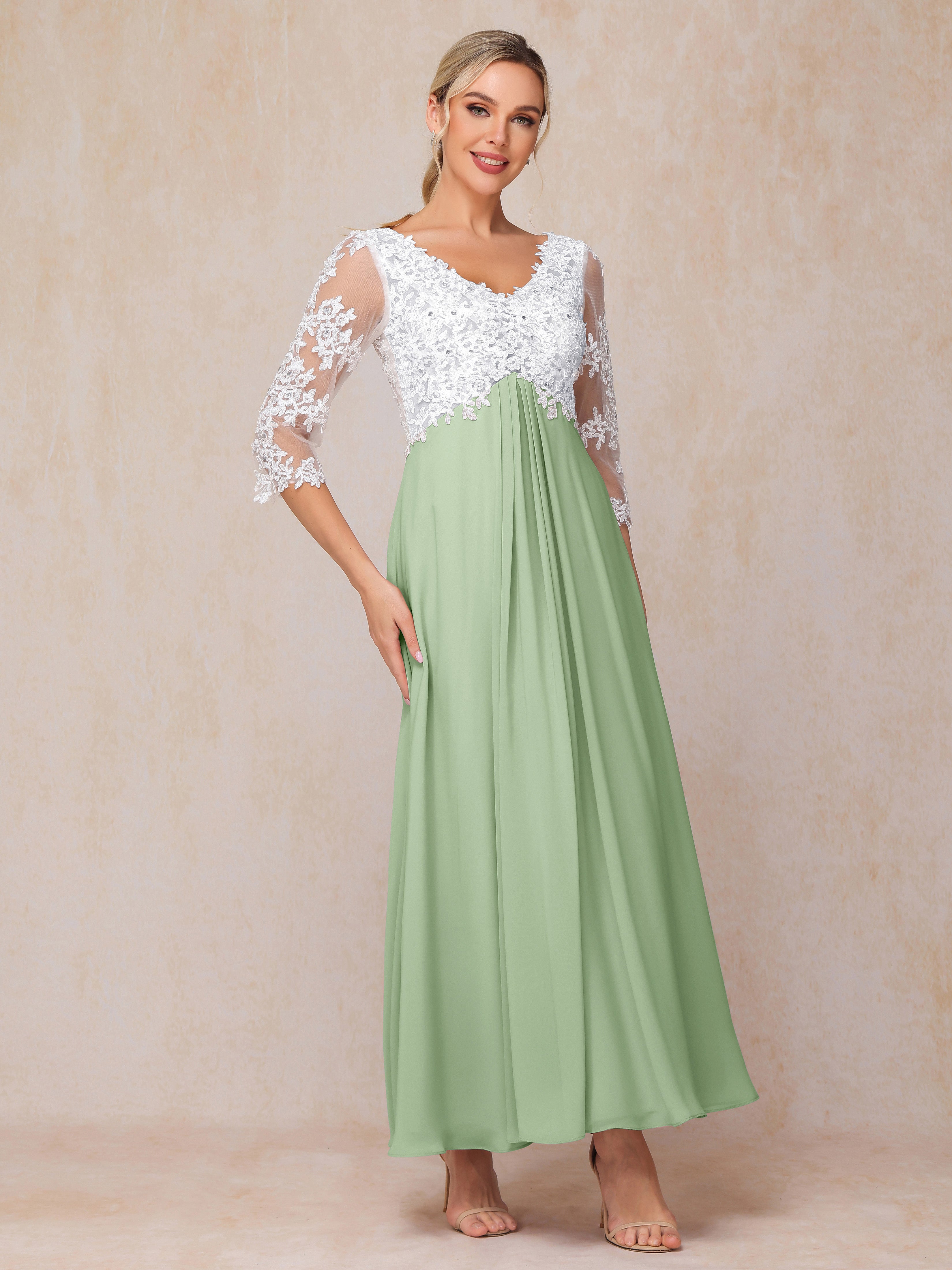 3/4 Sleeves A Line Ankle Length Chiffon Lace Wedding Guest Dresses