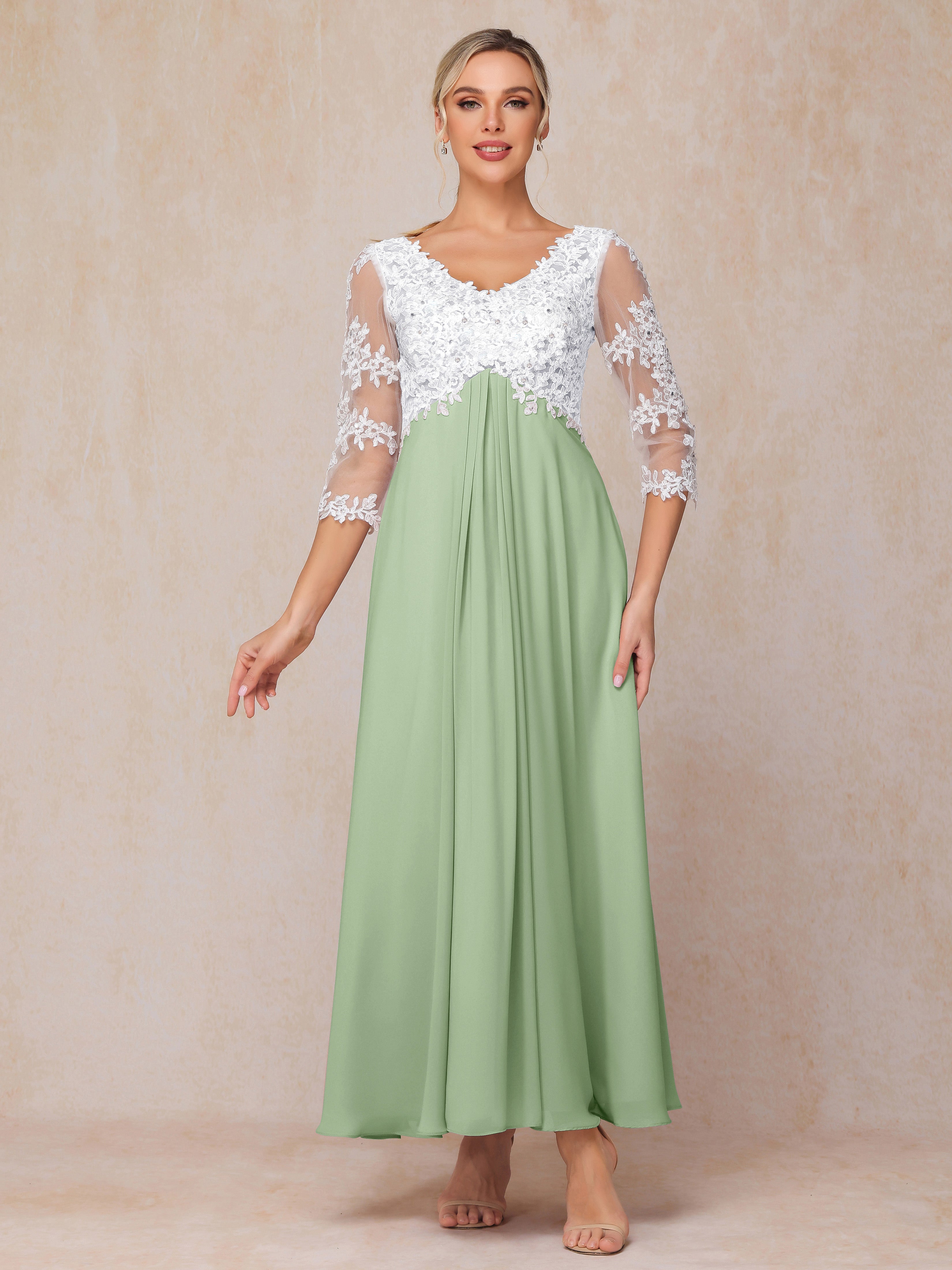 3/4 Sleeves A Line Ankle Length Chiffon Lace Wedding Guest Dresses
