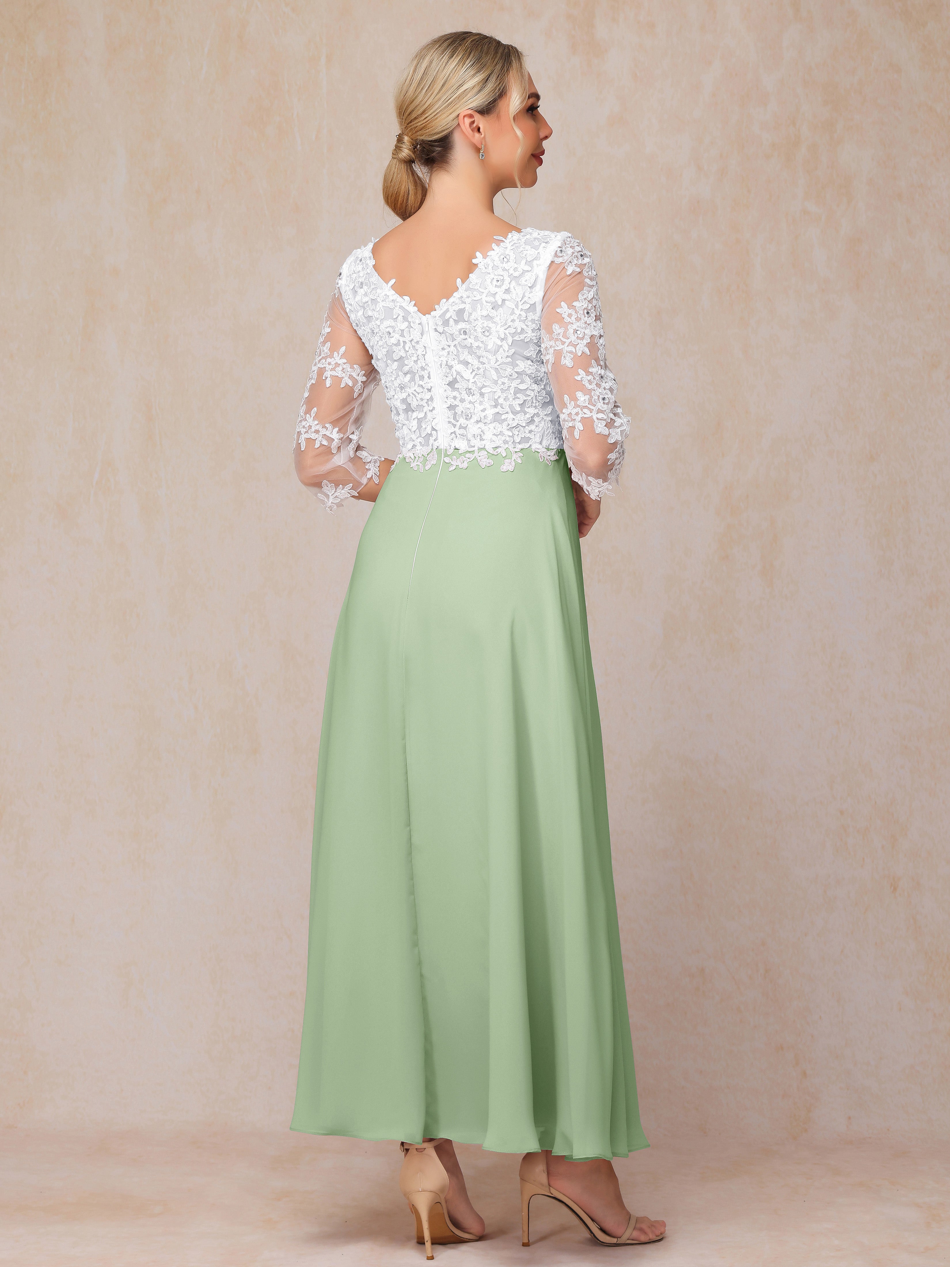 3/4 Sleeves A Line Ankle Length Chiffon Lace Wedding Guest Dresses