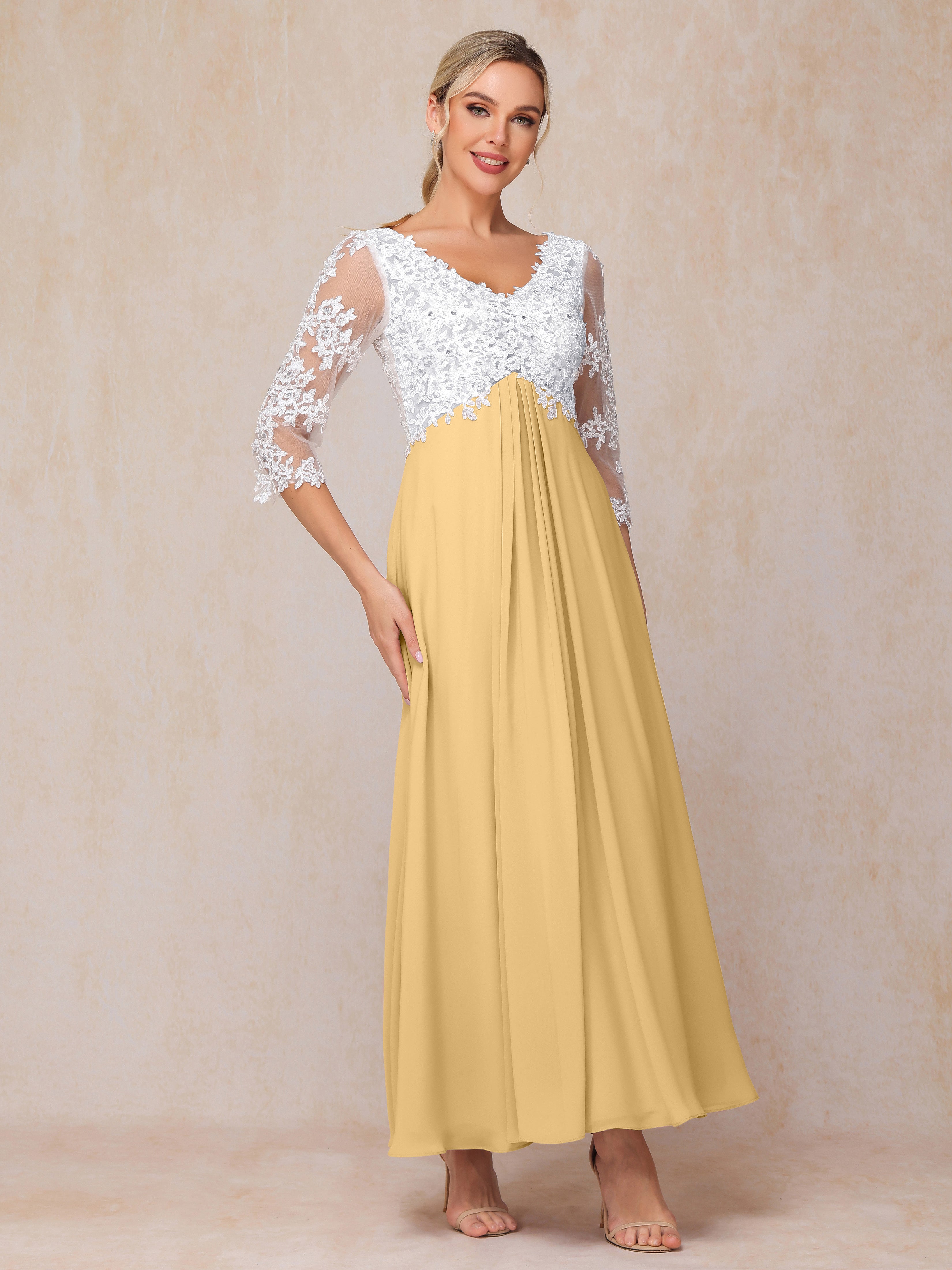 3/4 Sleeves A Line Ankle Length Chiffon Lace Wedding Guest Dresses