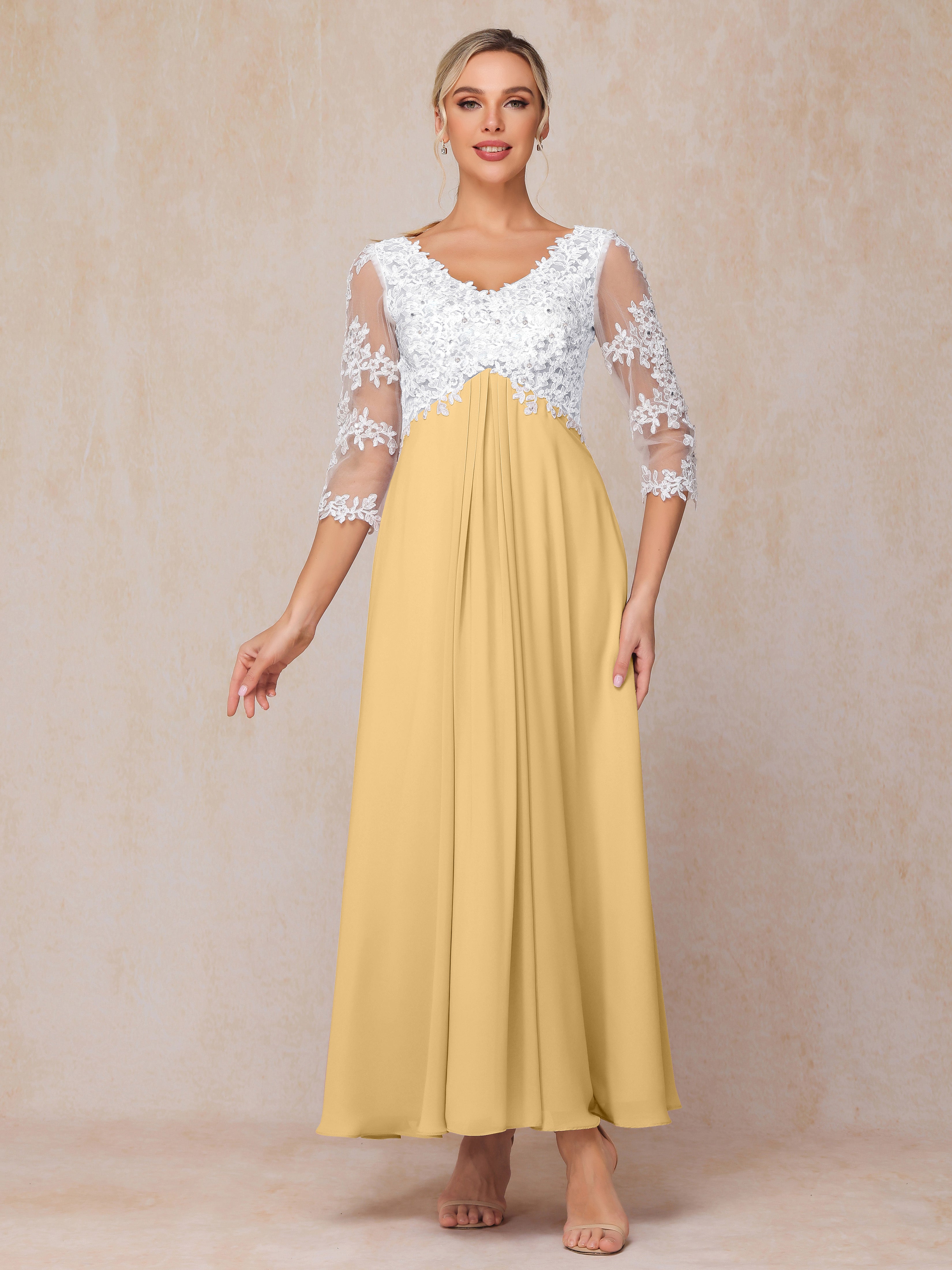 3/4 Sleeves A Line Ankle Length Chiffon Lace Wedding Guest Dresses