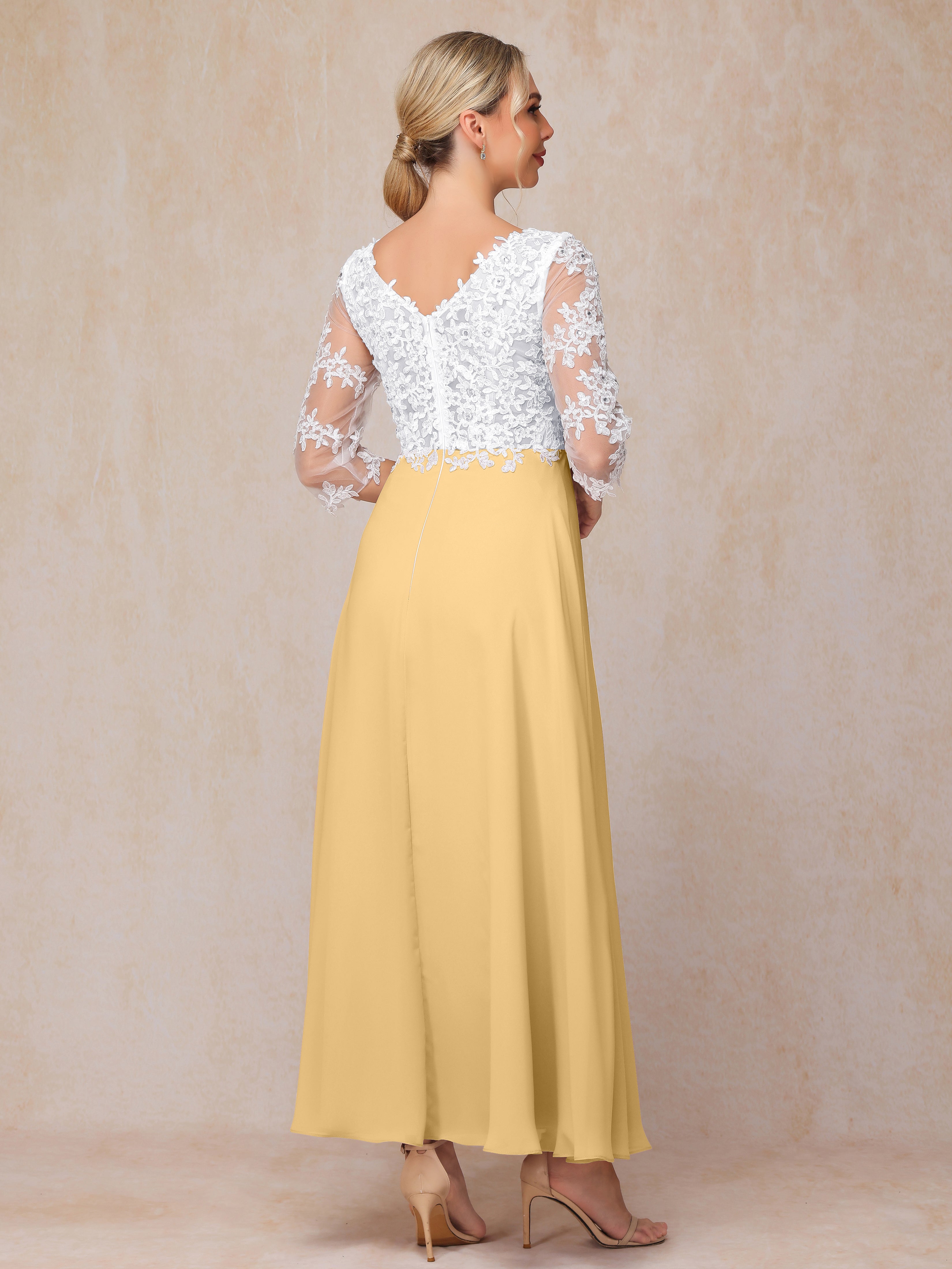 3/4 Sleeves A Line Ankle Length Chiffon Lace Wedding Guest Dresses