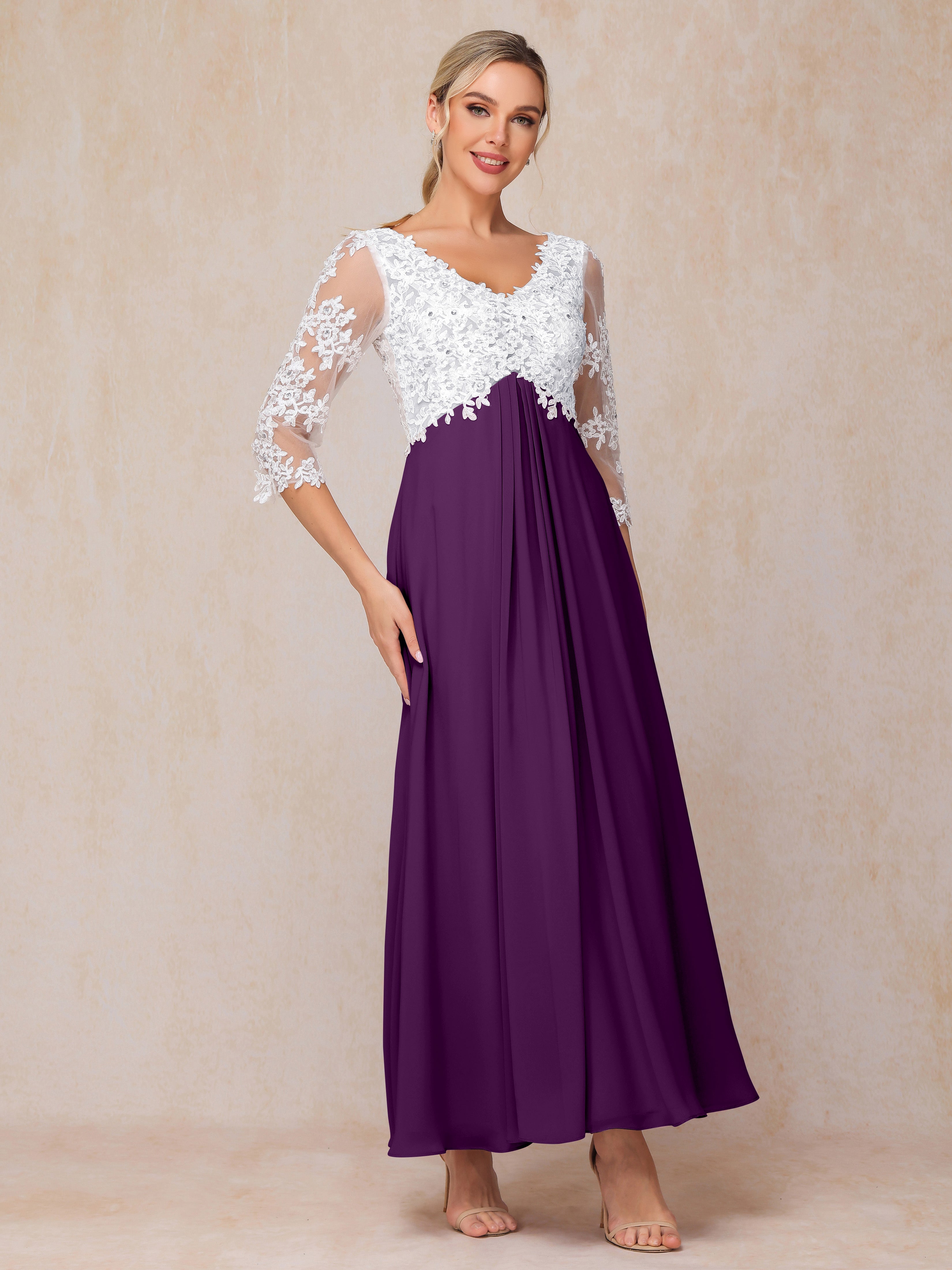 3/4 Sleeves A Line Ankle Length Chiffon Lace Wedding Guest Dresses