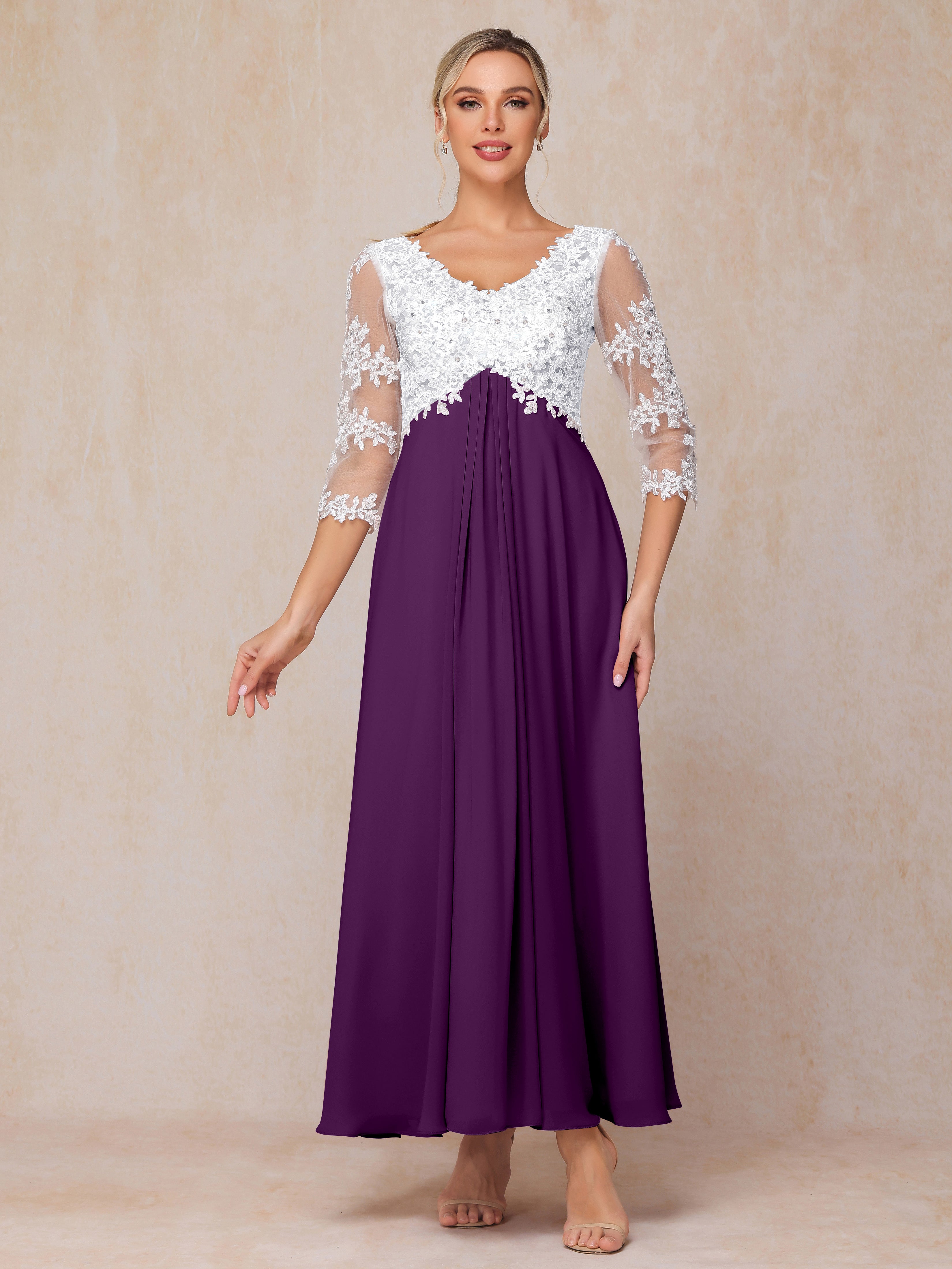 3/4 Sleeves A Line Ankle Length Chiffon Lace Wedding Guest Dresses