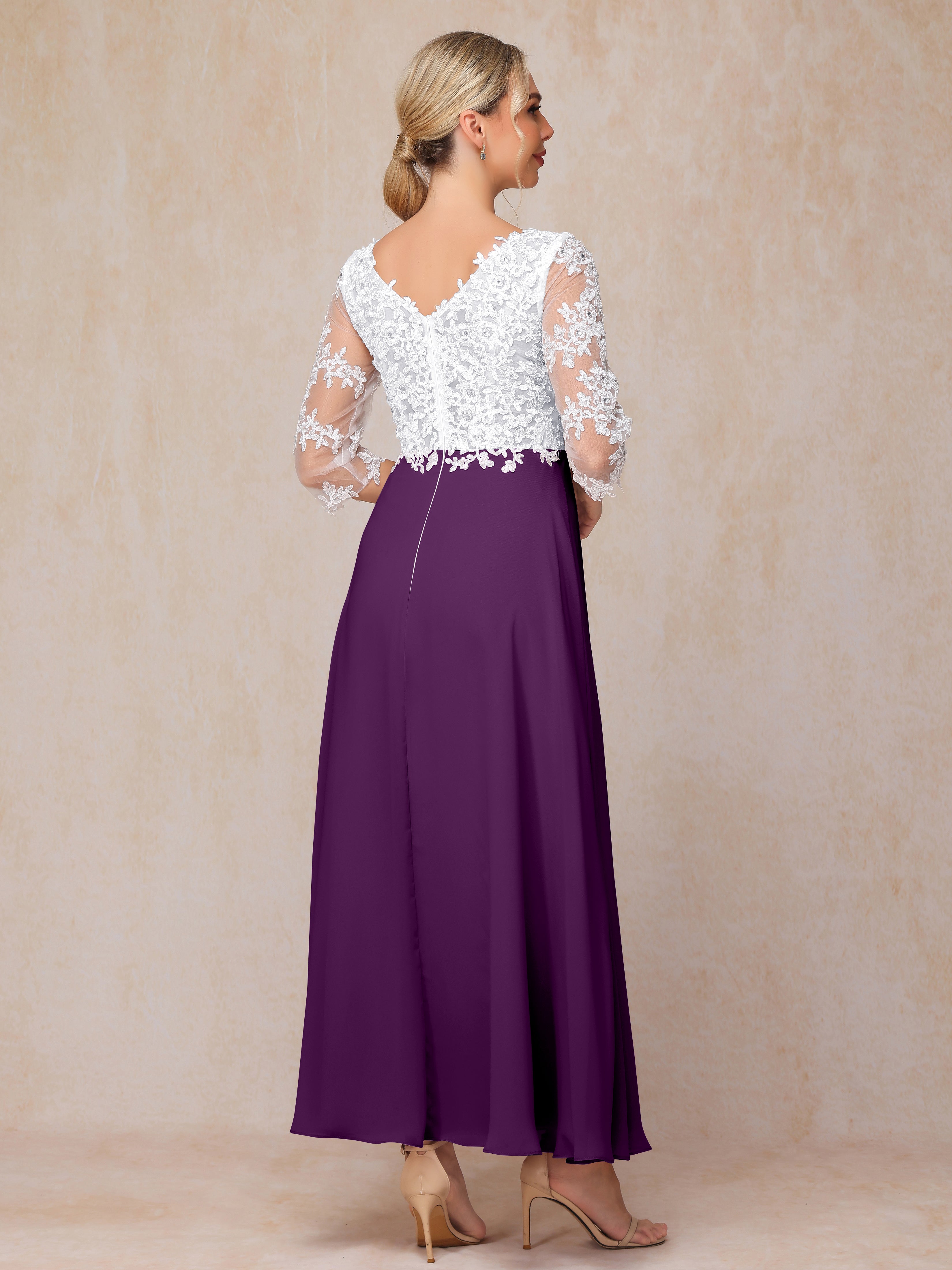 3/4 Sleeves A Line Ankle Length Chiffon Lace Wedding Guest Dresses