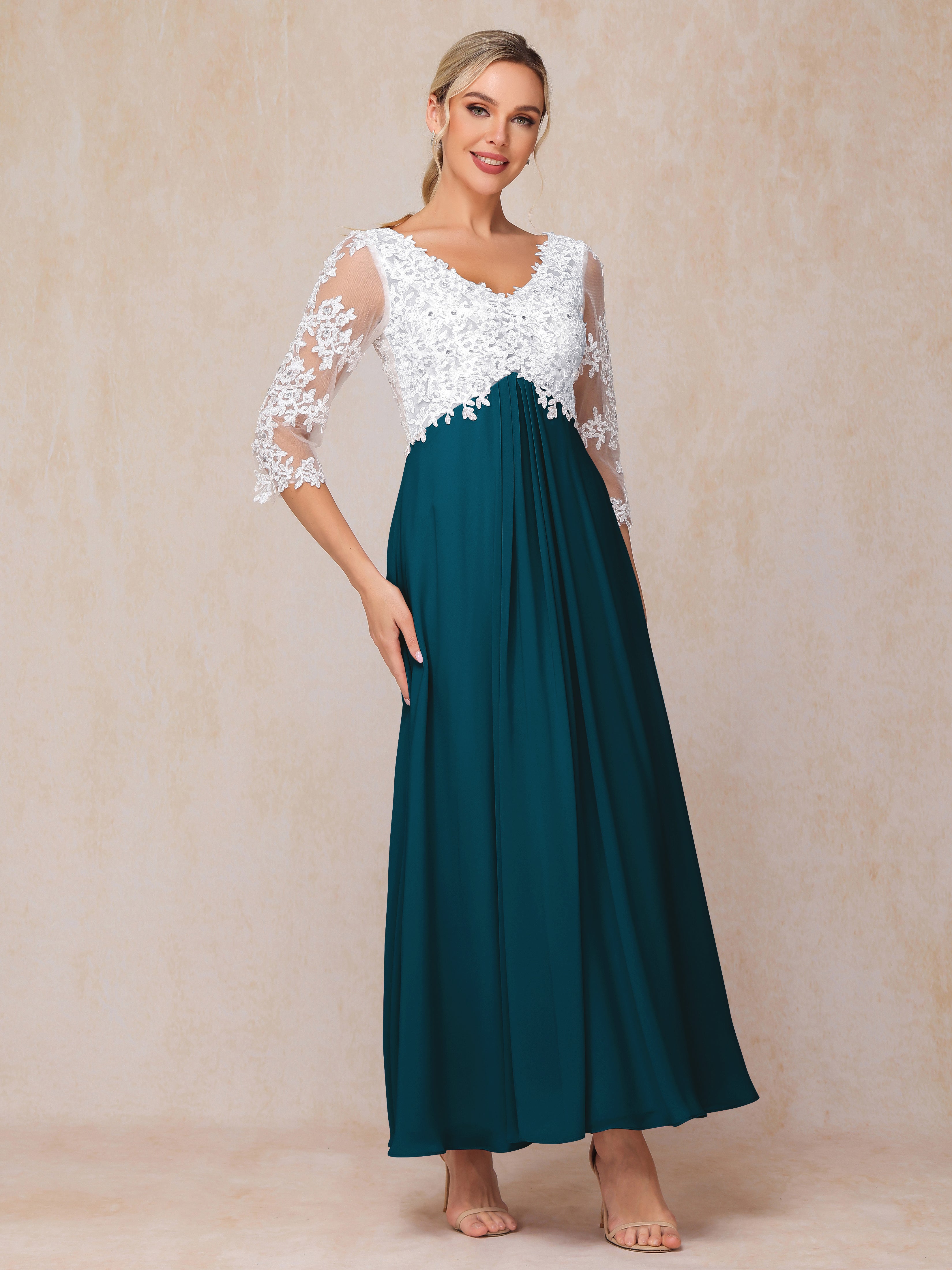 3/4 Sleeves A Line Ankle Length Chiffon Lace Wedding Guest Dresses