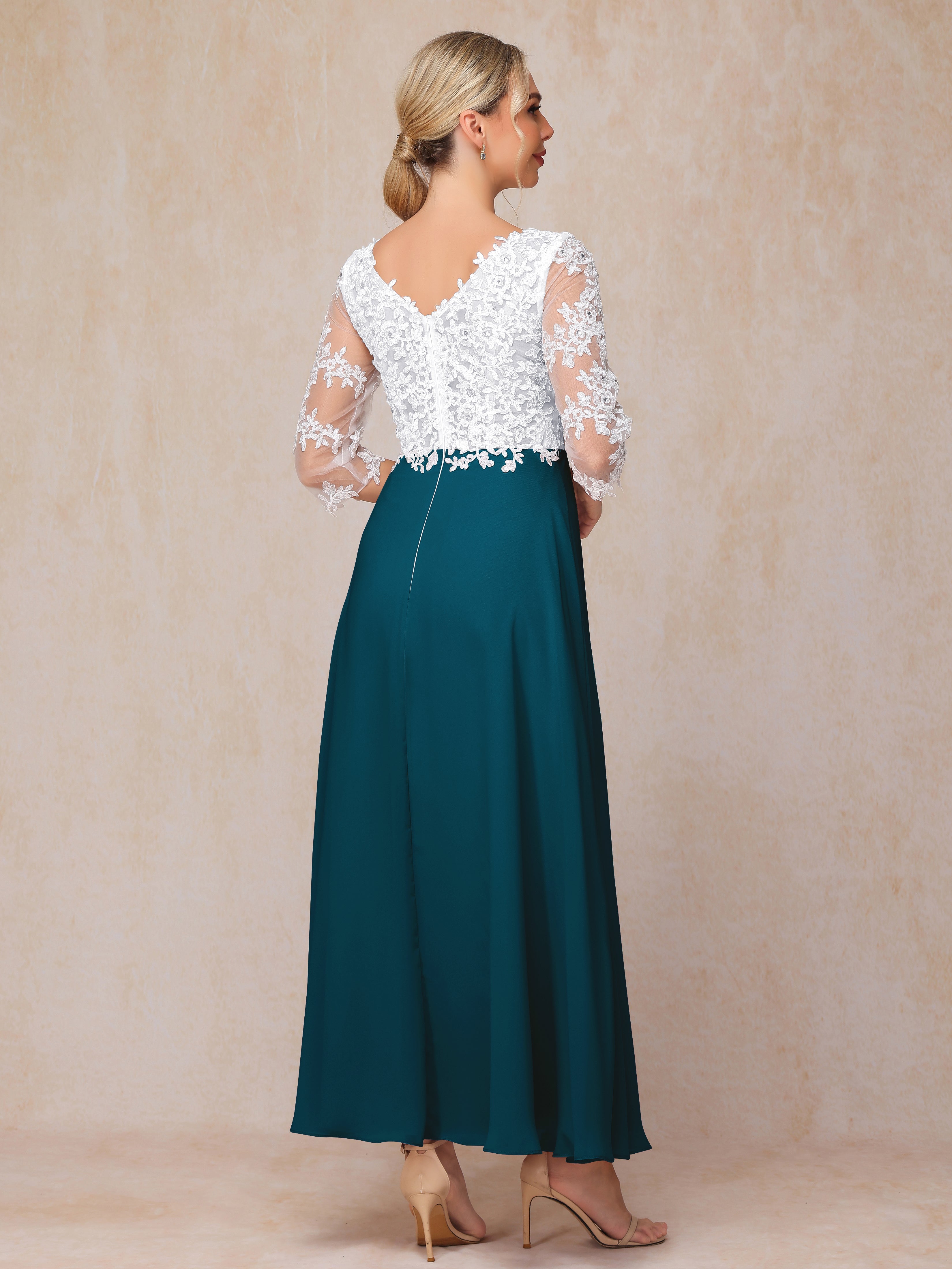 3/4 Sleeves A Line Ankle Length Chiffon Lace Wedding Guest Dresses