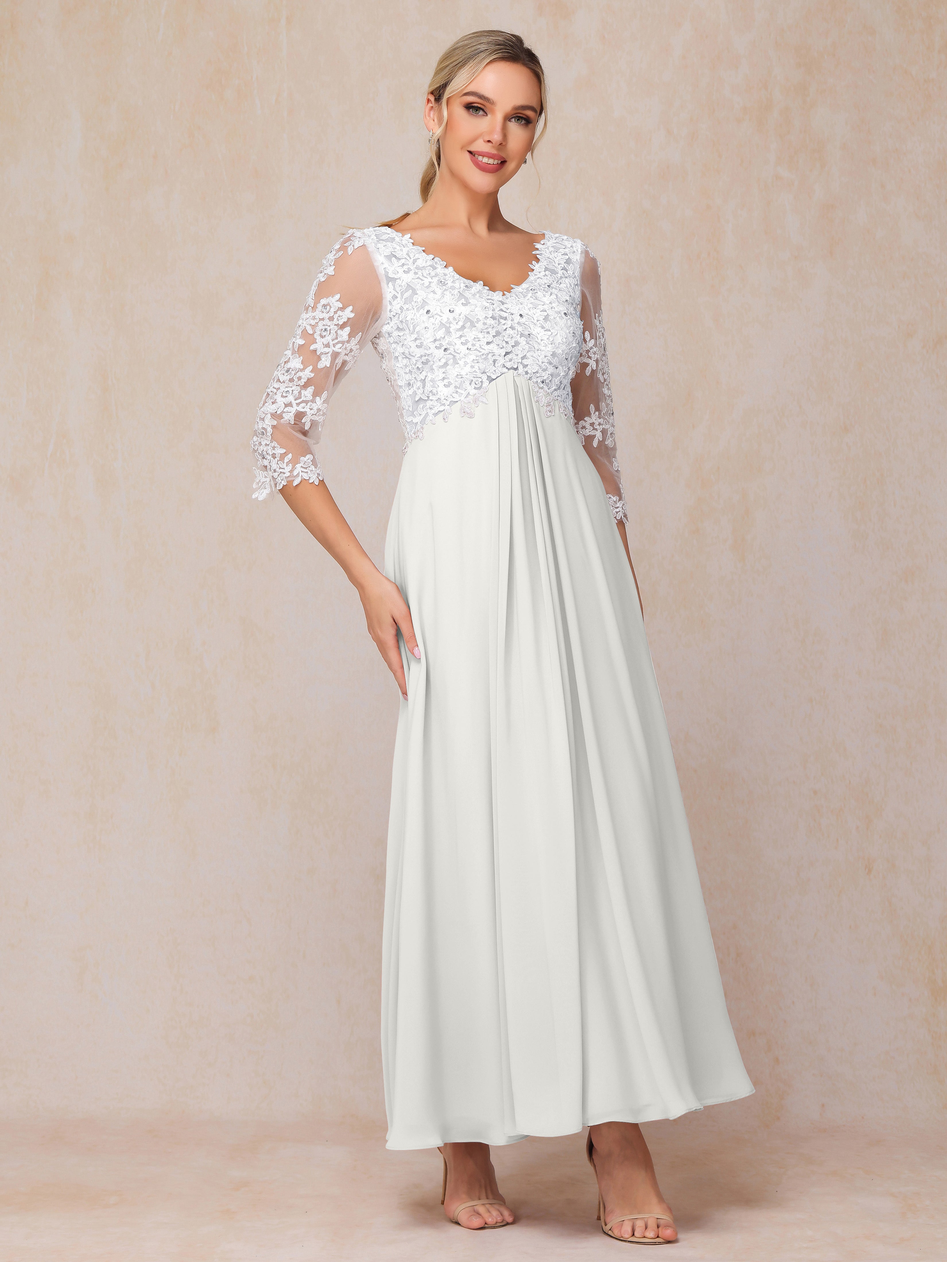 3/4 Sleeves A Line Ankle Length Chiffon Lace Wedding Guest Dresses