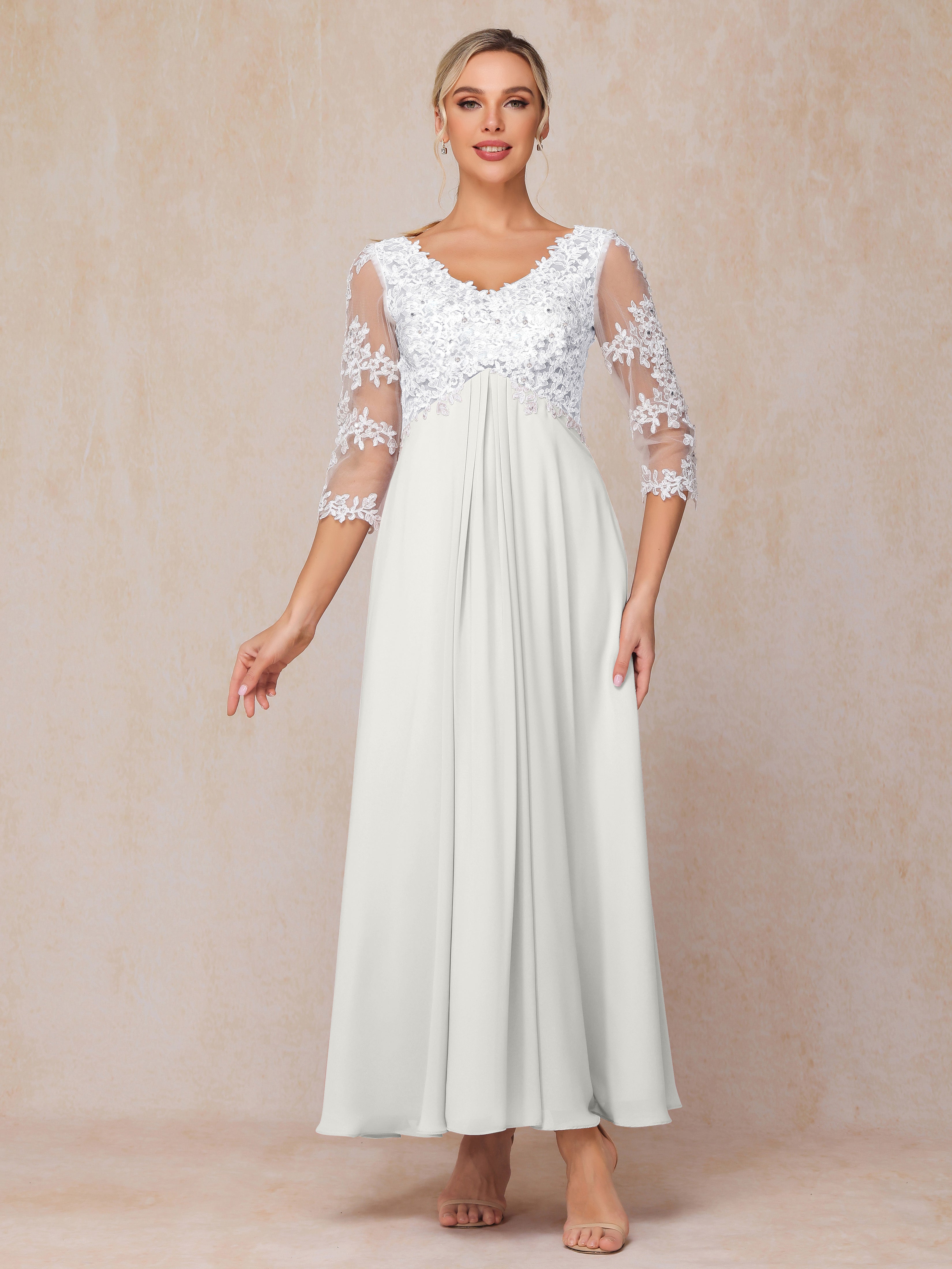 3/4 Sleeves A Line Ankle Length Chiffon Lace Wedding Guest Dresses