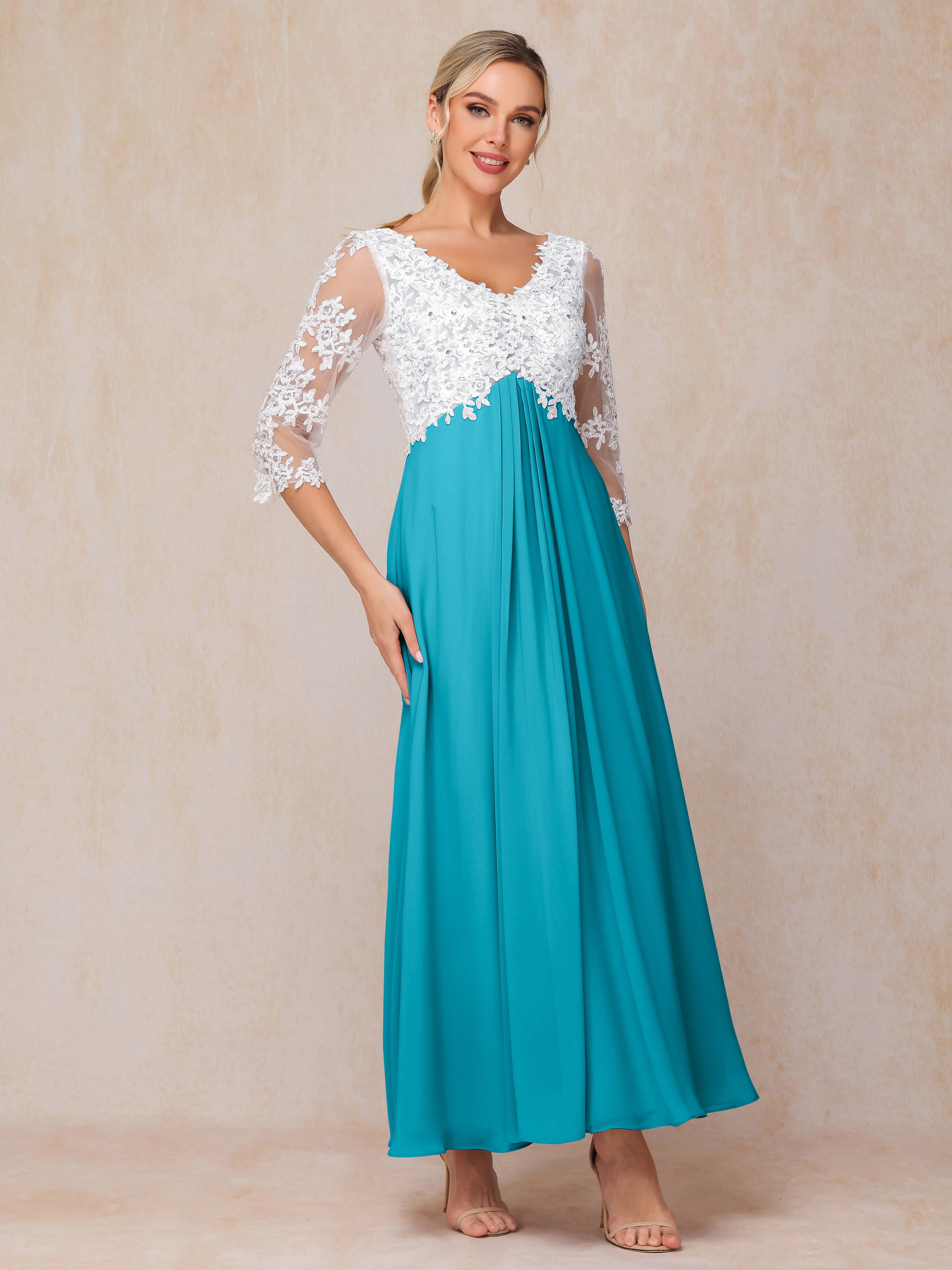 3/4 Sleeves A Line Ankle Length Chiffon Lace Wedding Guest Dresses