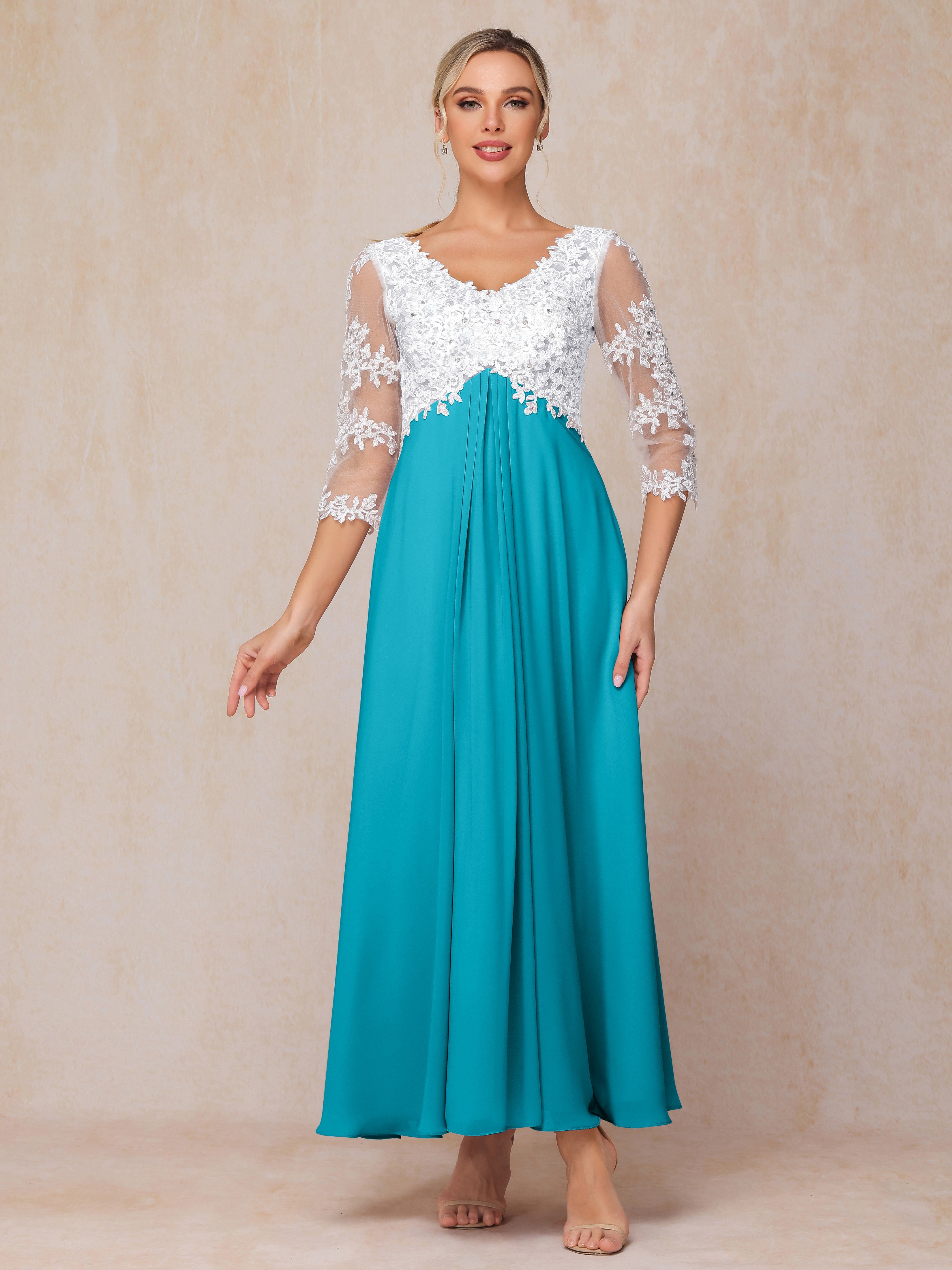 3/4 Sleeves A Line Ankle Length Chiffon Lace Wedding Guest Dresses