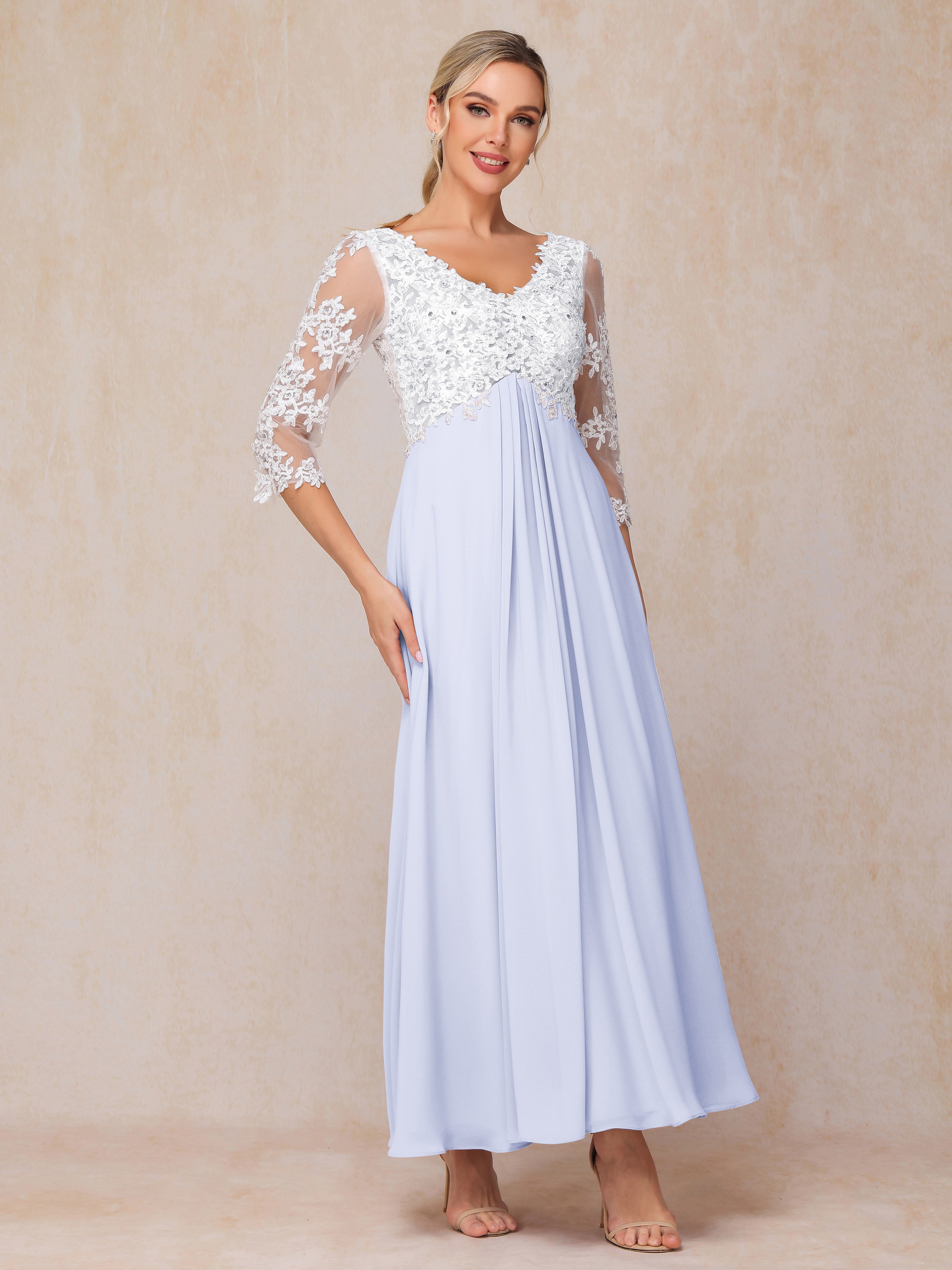 3/4 Sleeves A Line Ankle Length Chiffon Lace Wedding Guest Dresses