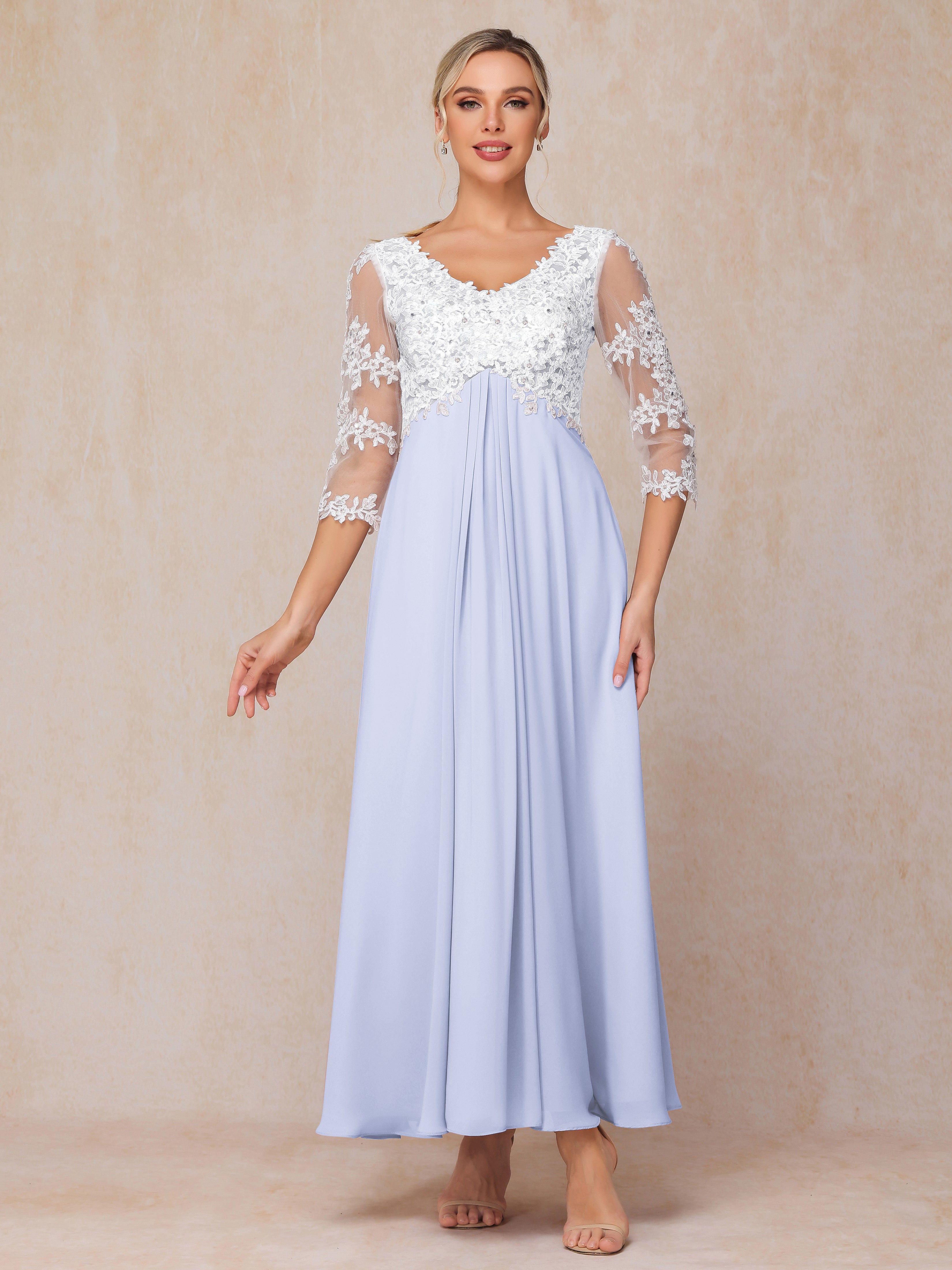3/4 Sleeves A Line Ankle Length Chiffon Lace Wedding Guest Dresses