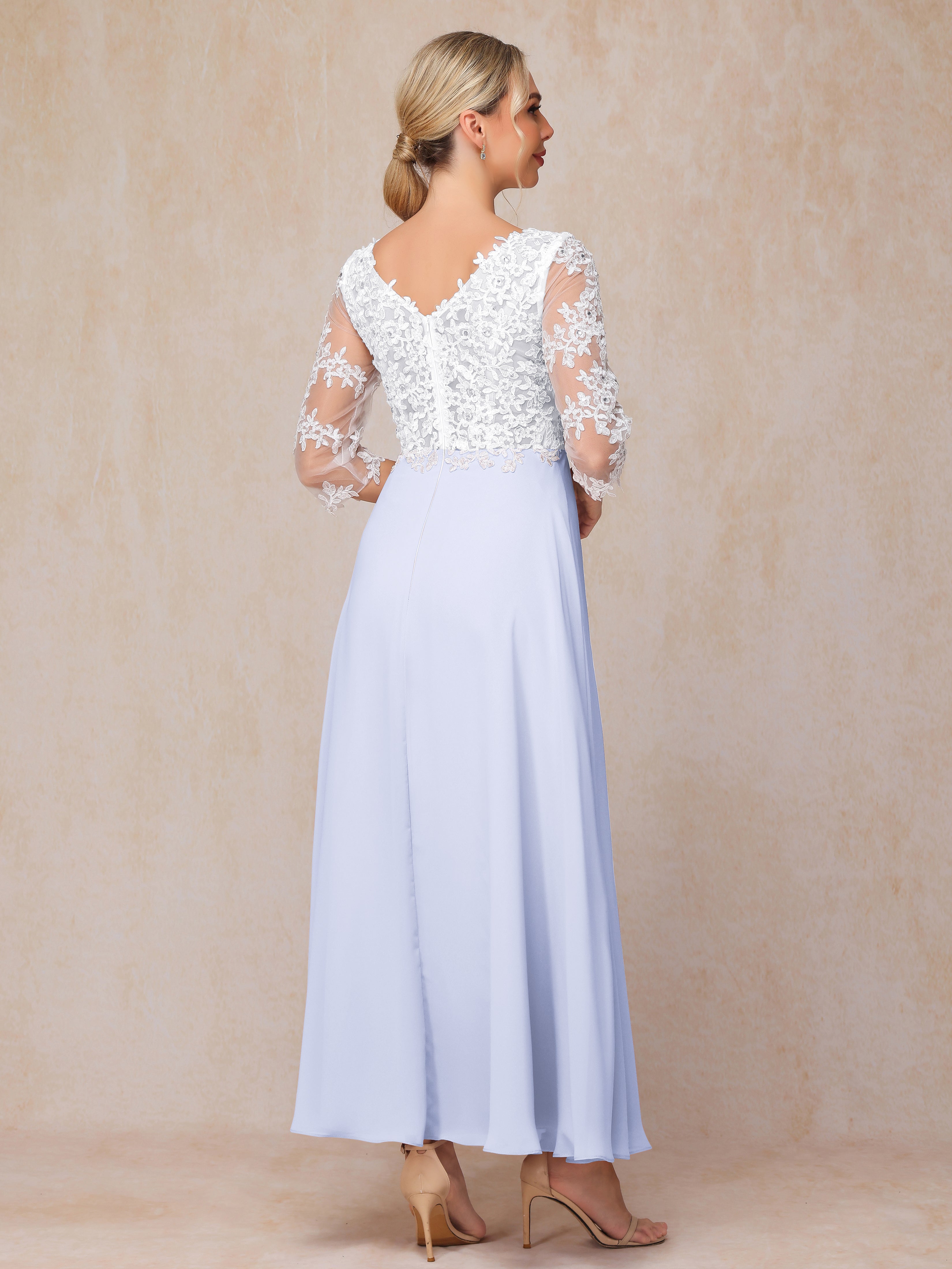 3/4 Sleeves A Line Ankle Length Chiffon Lace Wedding Guest Dresses