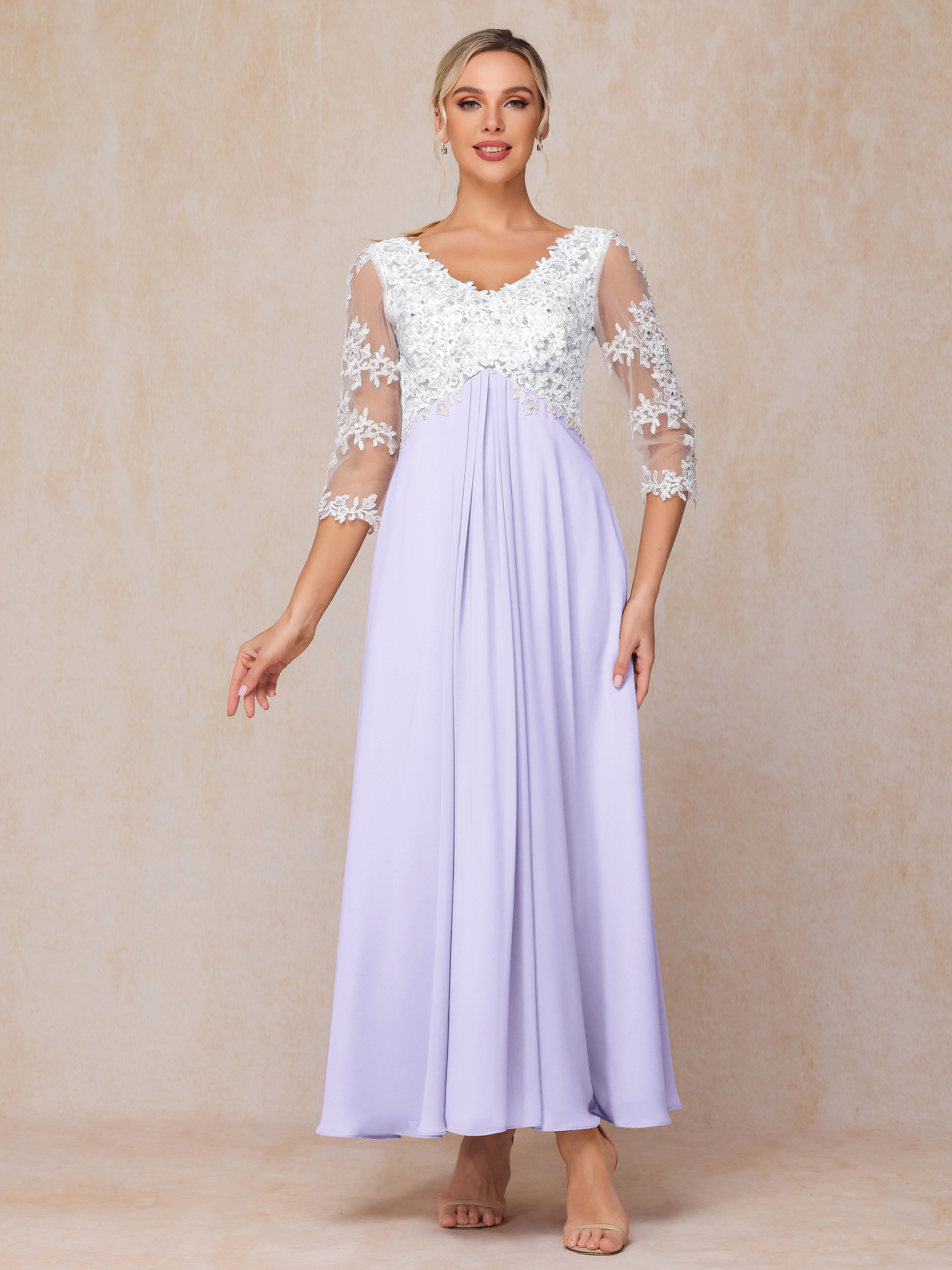 3/4 Sleeves A Line Ankle Length Chiffon Lace Wedding Guest Dresses