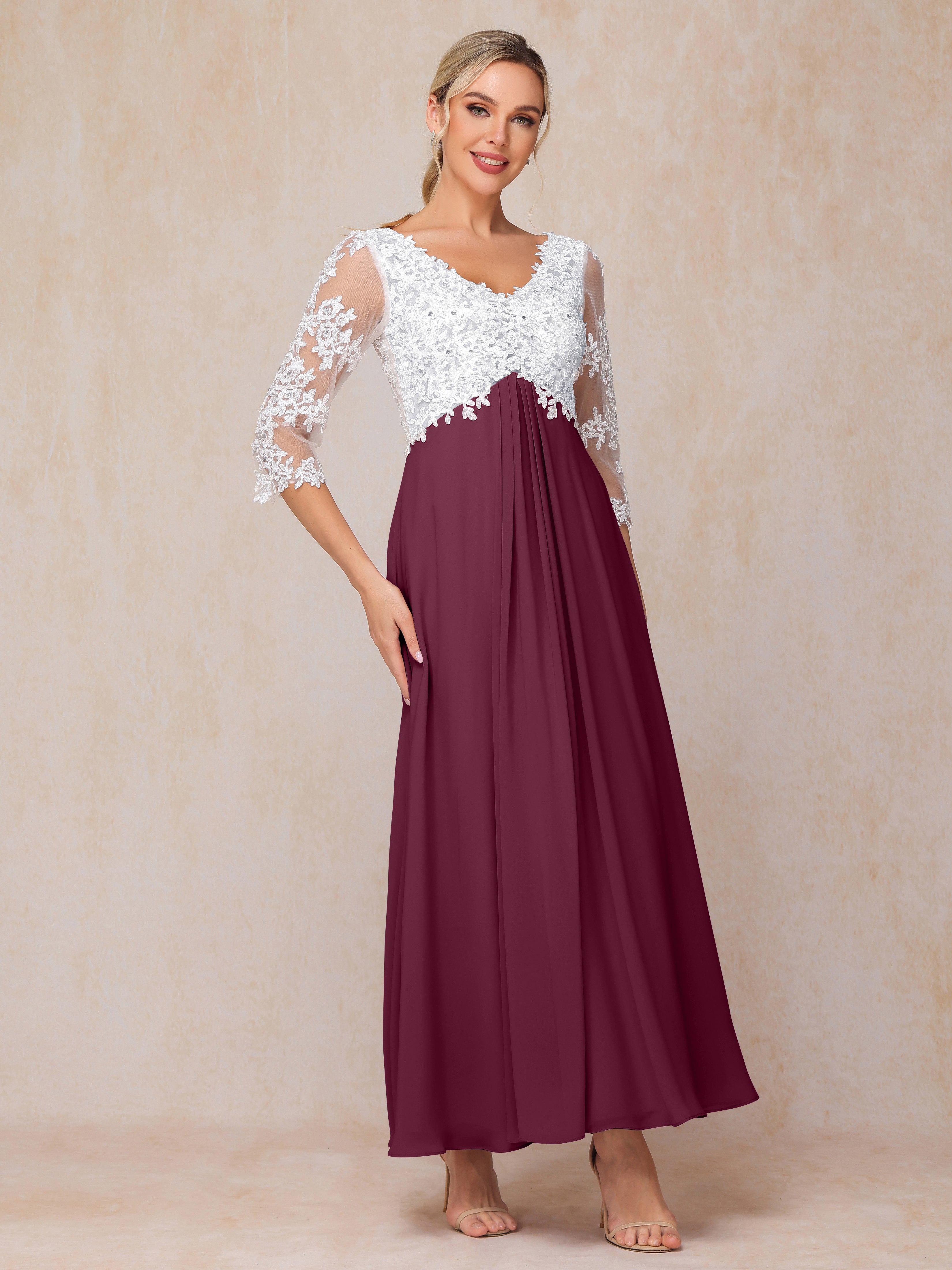 3/4 Sleeves A Line Ankle Length Chiffon Lace Wedding Guest Dresses
